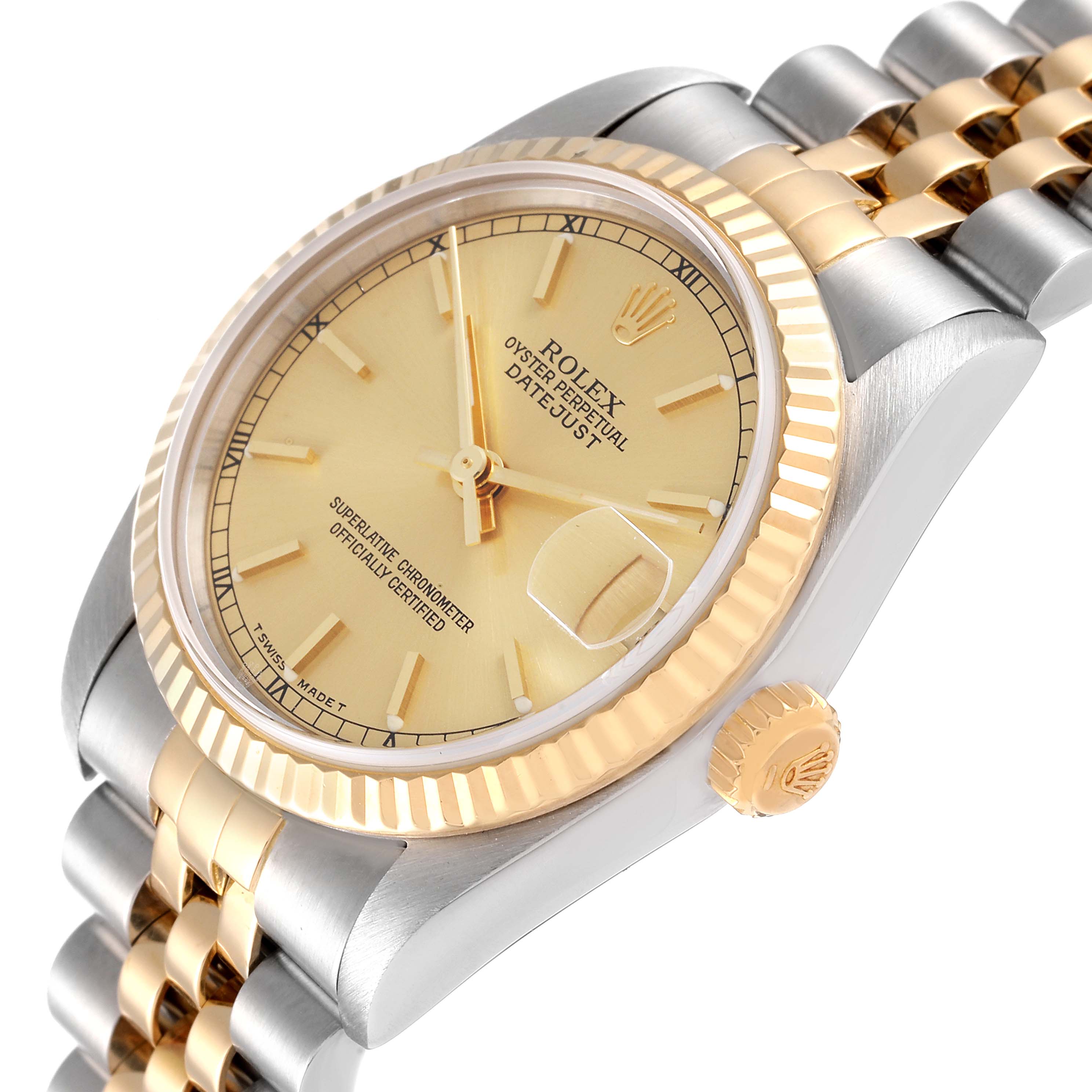 The Rolex Mid-Size 78273 Women
s Steel and Gold (two tone) Champagne Dial 78273 Women
s Steel and Gold (two tone) Champagne Dial Oyster Perpetual Datejust watch is shown at a slight side angle, showcasing the dial, bezel, crown, and bracelet.