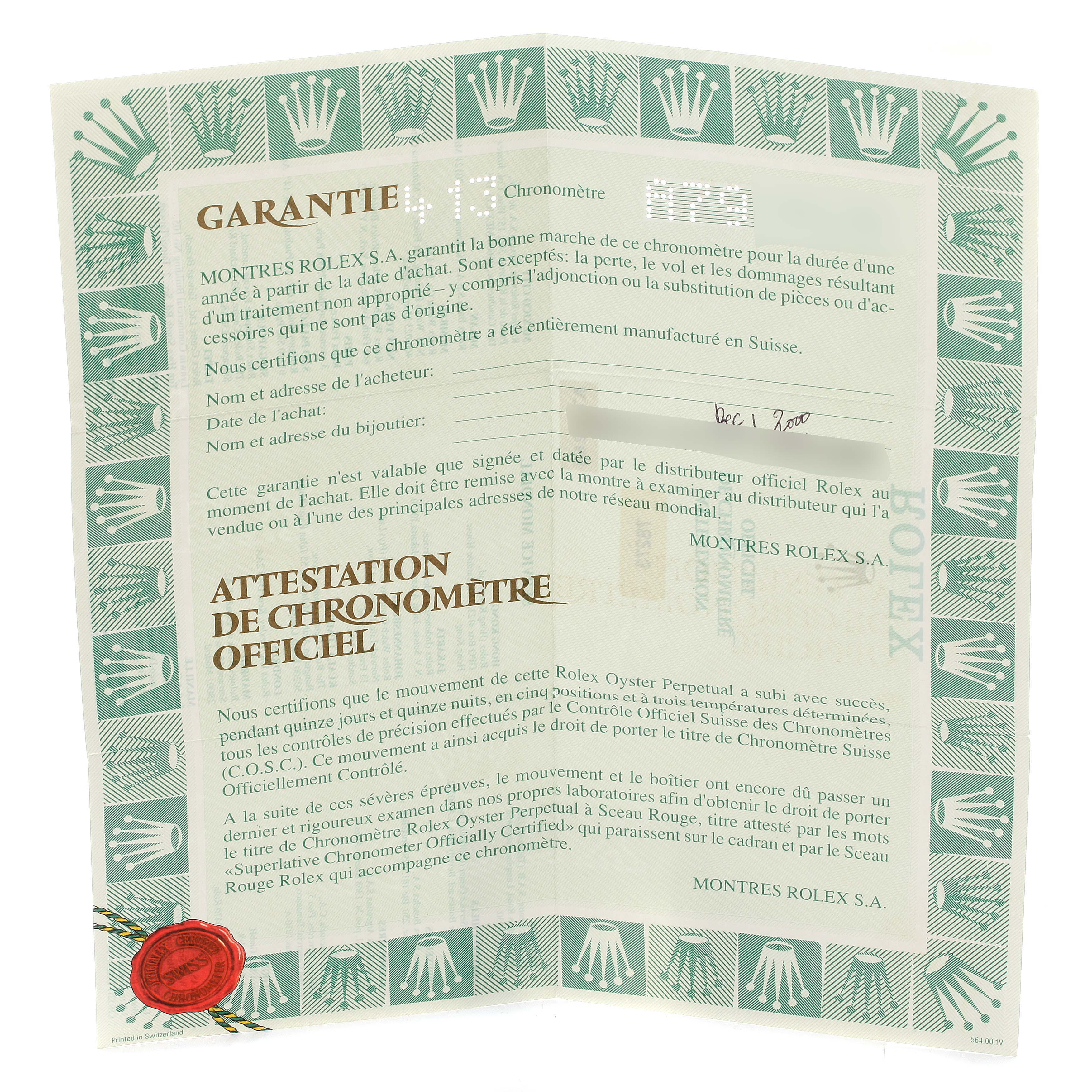 The image shows an official document of attestation and warranty for a Rolex Mid-Size 78273 Women
s Steel and Gold (two tone) Champagne Dial 78273 Women
s Steel and Gold (two tone) Champagne Dial model.