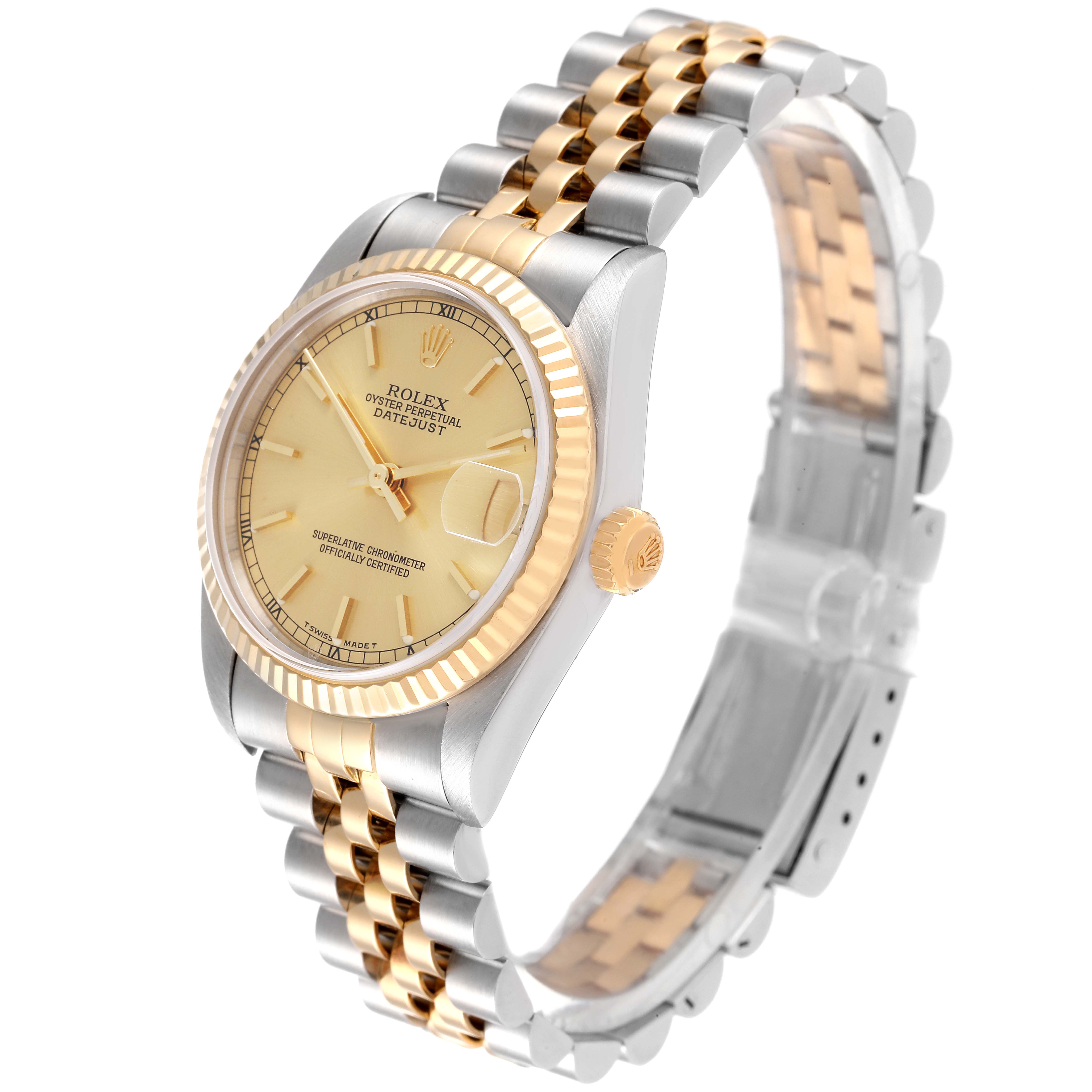 The image shows a Rolex Datejust Mid-Size watch angled slightly to the right, highlighting its two-tone bracelet, dial, and fluted bezel.