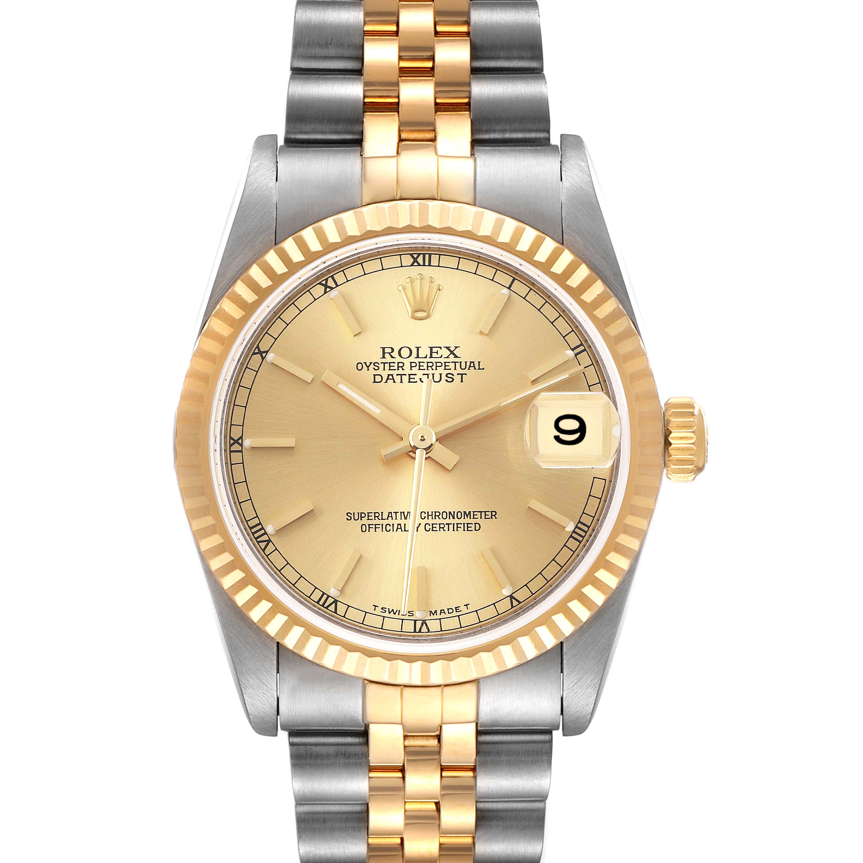 The image shows a front-facing view of a Rolex Oyster Perpetual Datejust Mid-Size watch with a gold and silver bracelet.