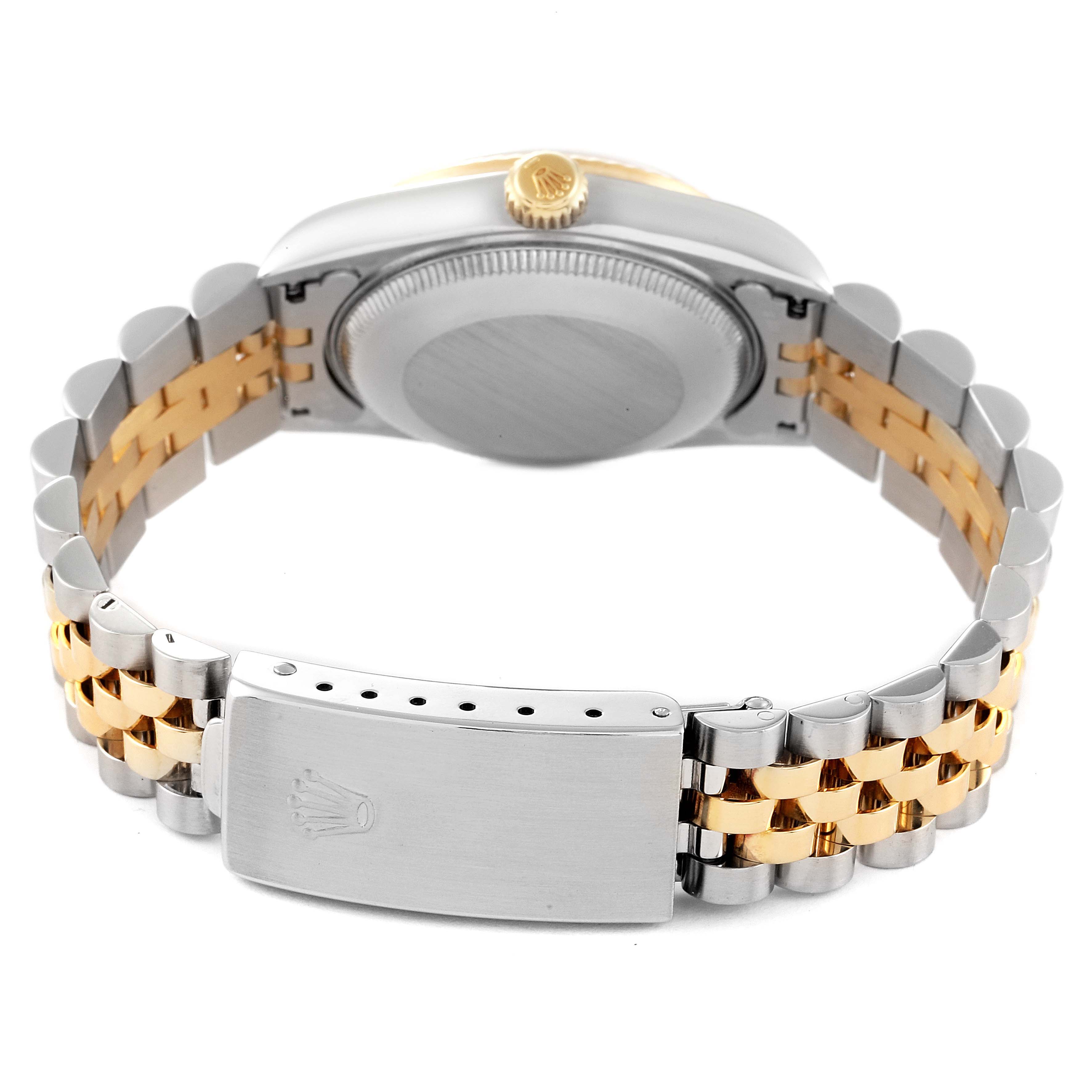 This image shows the back and bracelet clasp of a Rolex Mid-Size 78273 Women
s Steel and Gold (two tone) Champagne Dial 78273 Women
s Steel and Gold (two tone) Champagne Dial model watch.