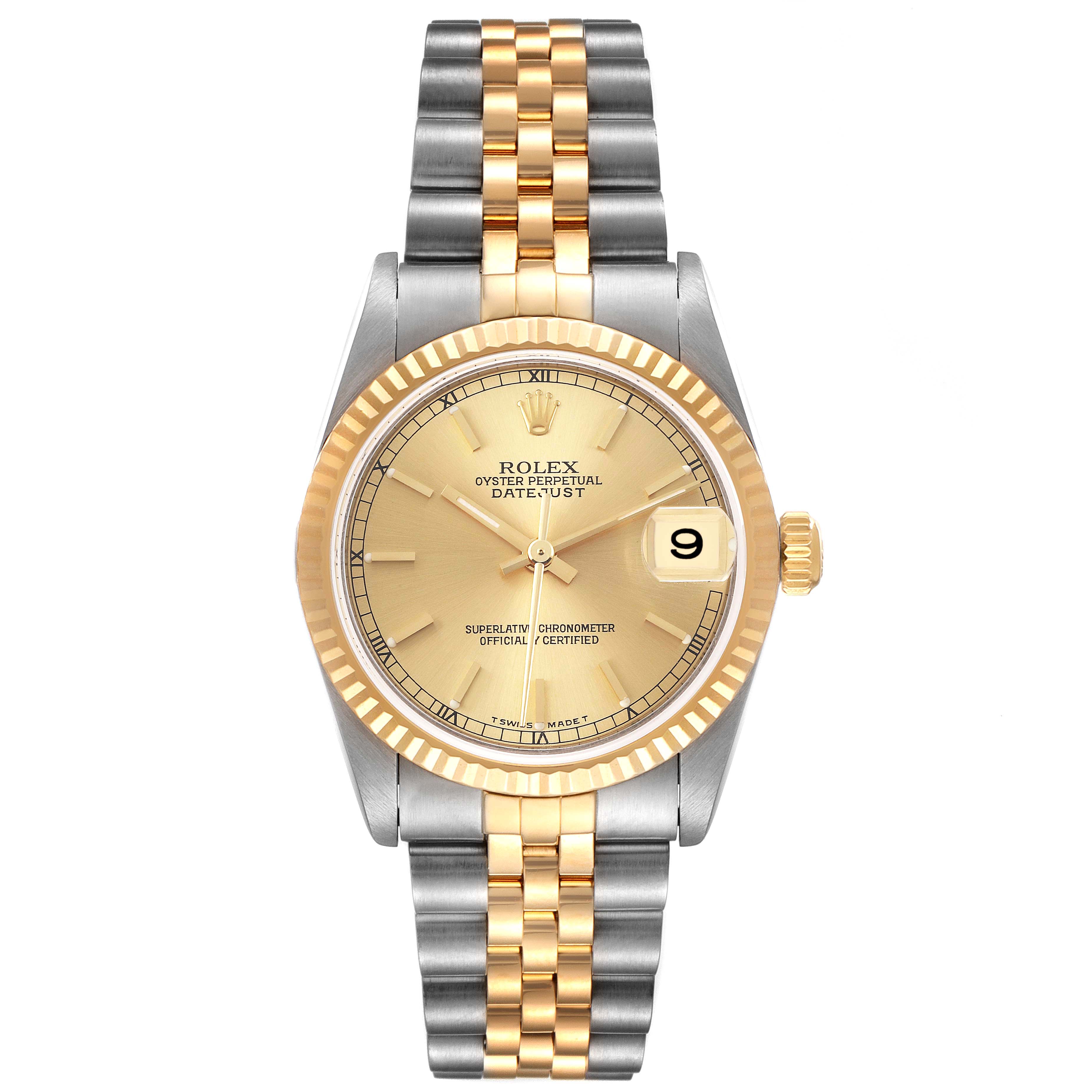 The image shows a front view of a Rolex Mid-Size 78273 Women
s Steel and Gold (two tone) Champagne Dial 78273 Women
s Steel and Gold (two tone) Champagne Dial Datejust, displaying the dial, bezel, crown, and two-tone bracelet.