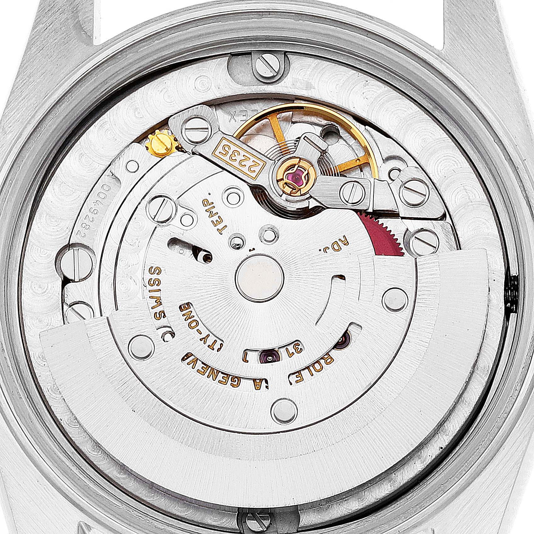 This image shows the internal mechanical movement of a Rolex Mid-Size 78273 Women
s Steel and Gold (two tone) Champagne Dial 78273 Women
s Steel and Gold (two tone) Champagne Dial watch from a top-down angle.