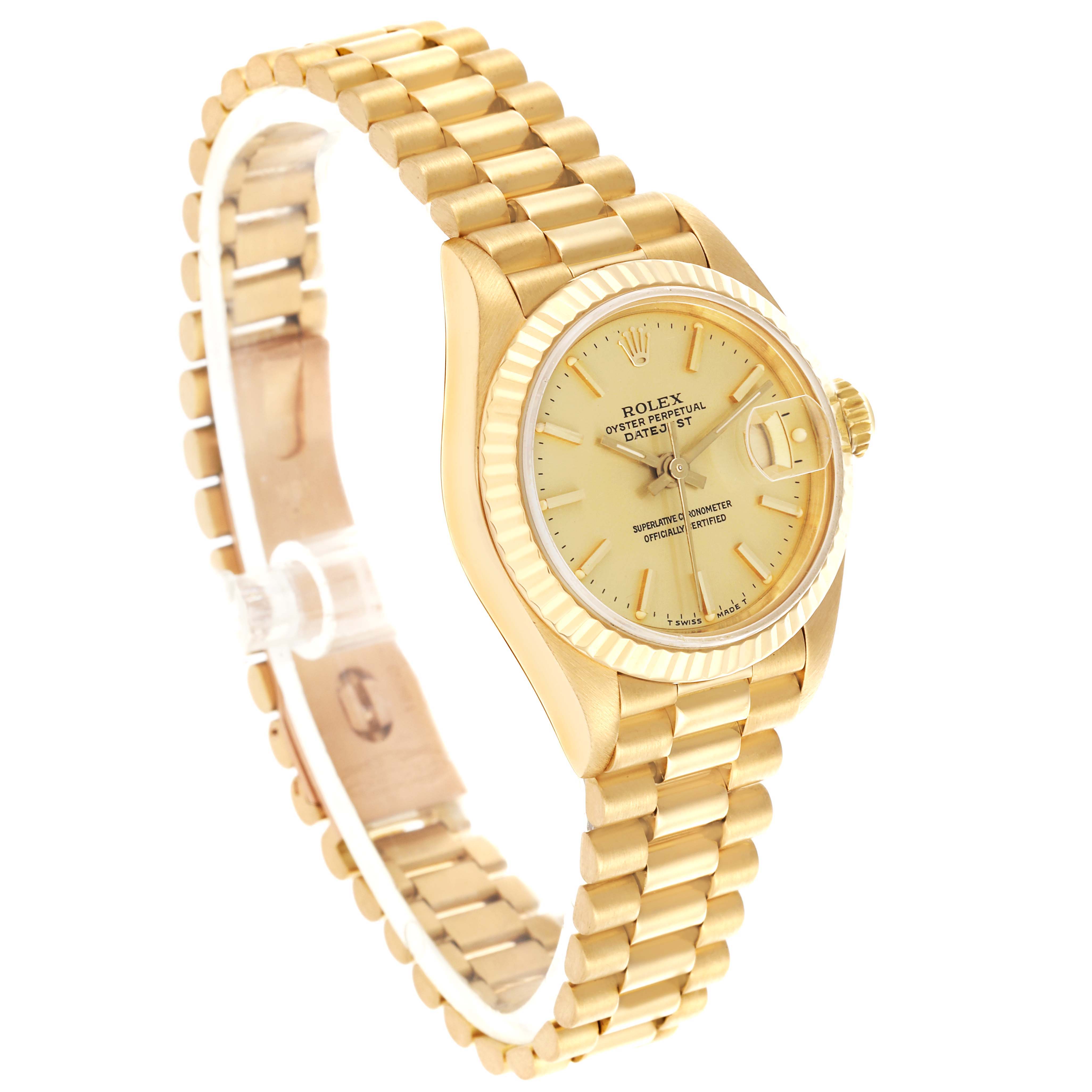 The Rolex President 69178 Women's Yellow Gold Champagne Dial 69178 Women's Yellow Gold Champagne Dial model watch is shown at an angle highlighting the face, bezel, and part of the bracelet.