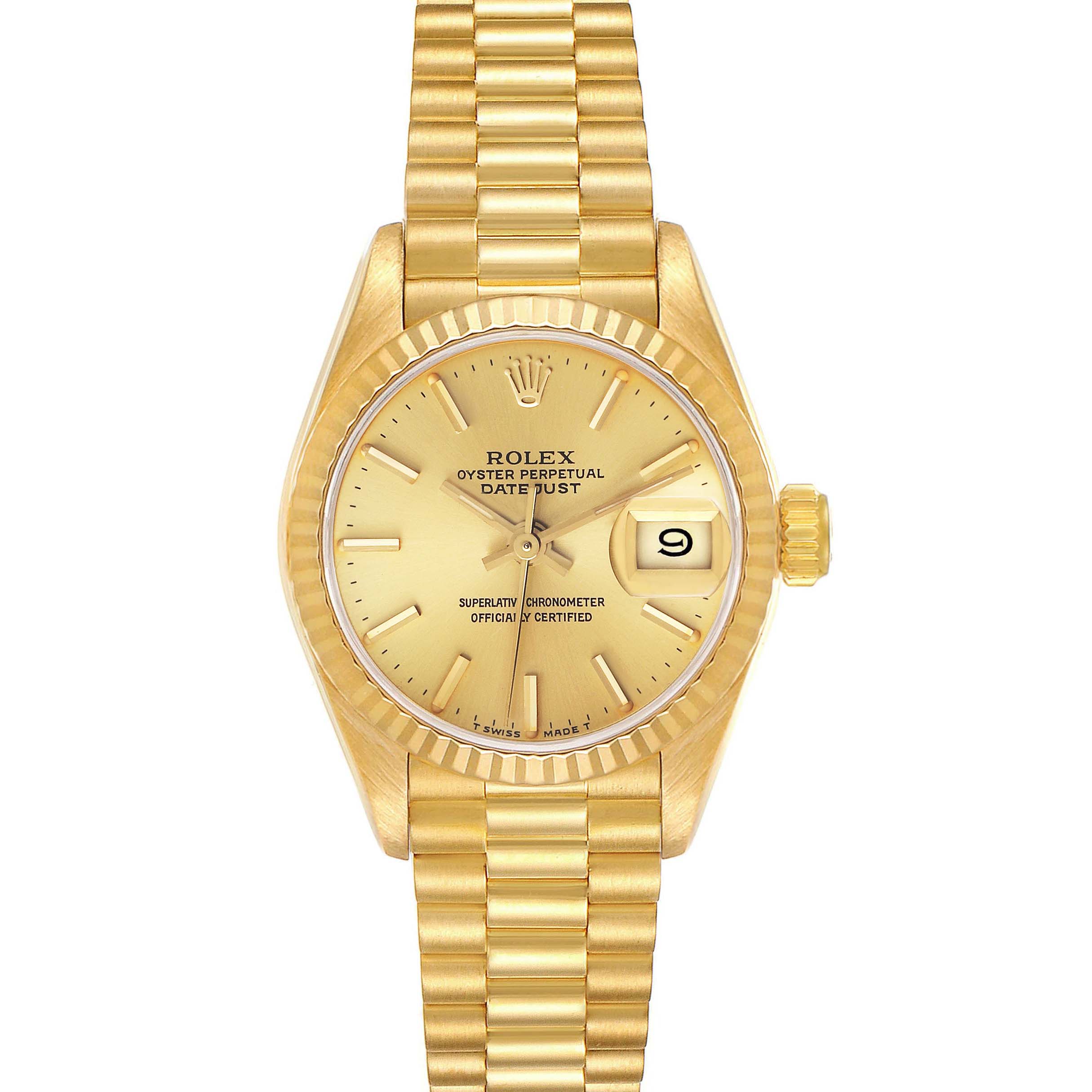 The Rolex President 69178 Women's Yellow Gold Champagne Dial 69178 Women's Yellow Gold Champagne Dial model is shown from a top-down angle, displaying the watch face and gold bracelet.