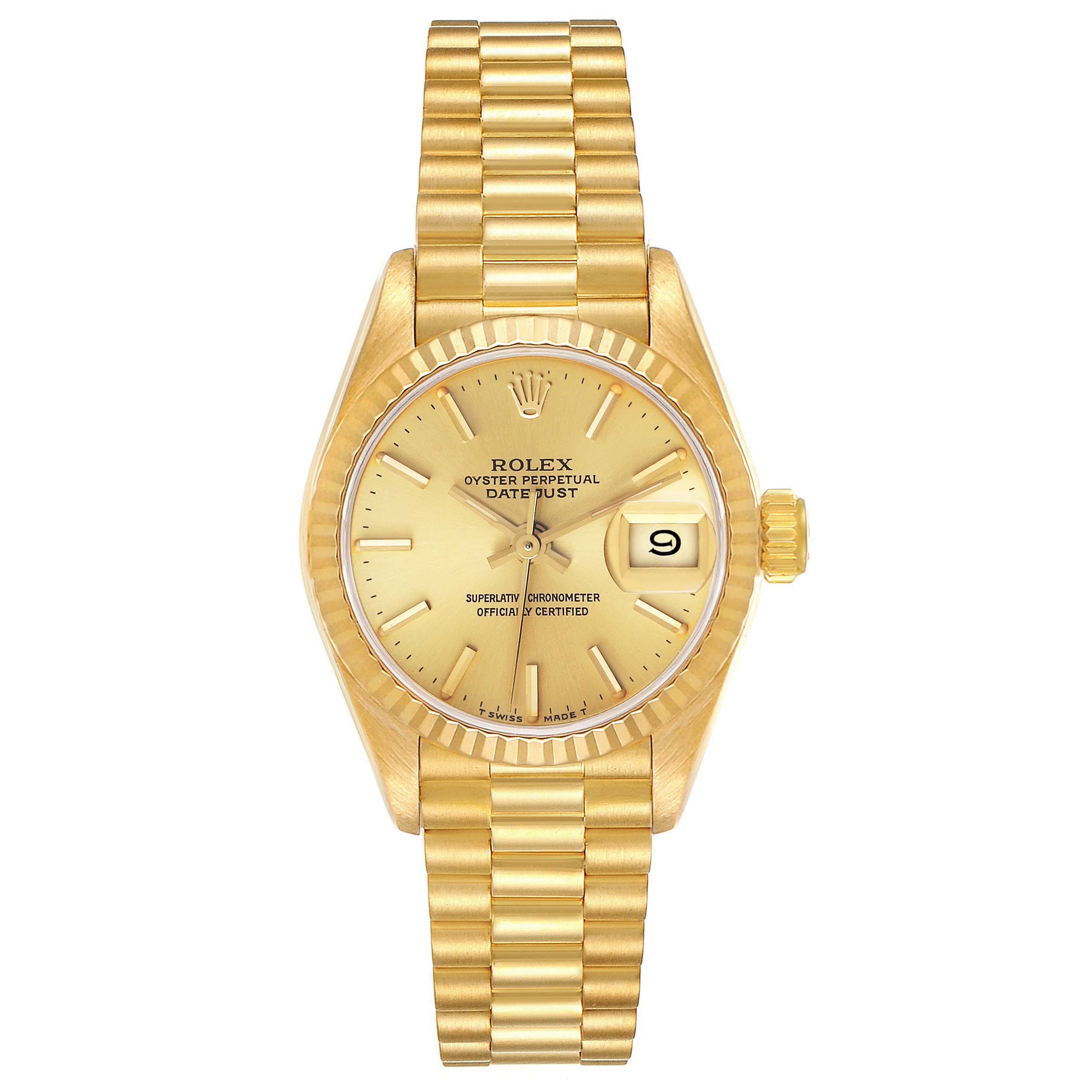 The Rolex President 69178 Women's Yellow Gold Champagne Dial 69178 Women's Yellow Gold Champagne Dial model is shown from a top view, featuring the gold bracelet, dial, bezel, crown, and date window.