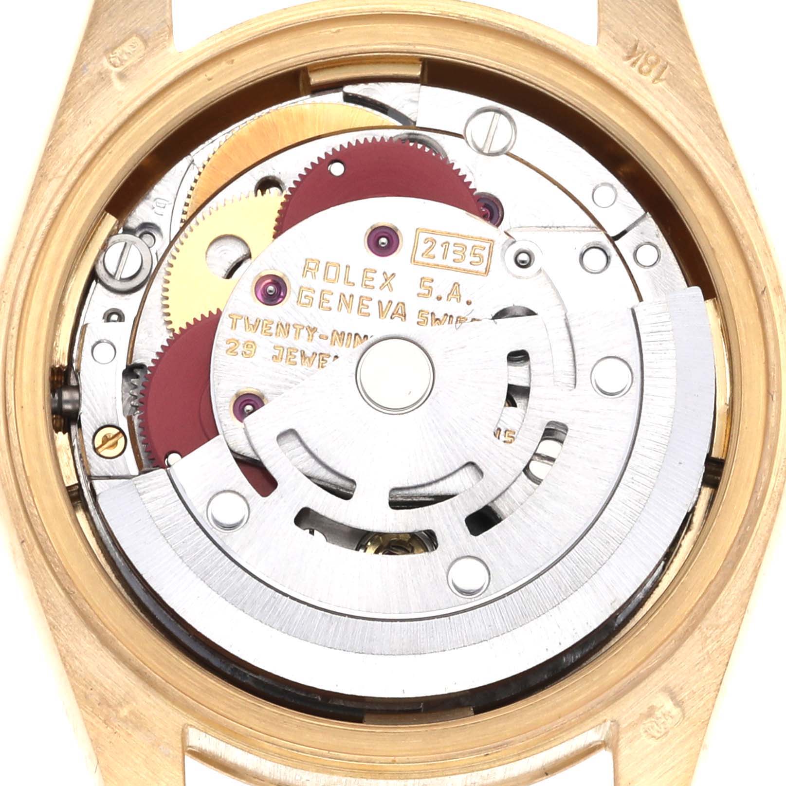 The image shows the inner mechanical movement of a Rolex President 69178 Women's Yellow Gold Champagne Dial 69178 Women's Yellow Gold Champagne Dial watch from a top-view angle.