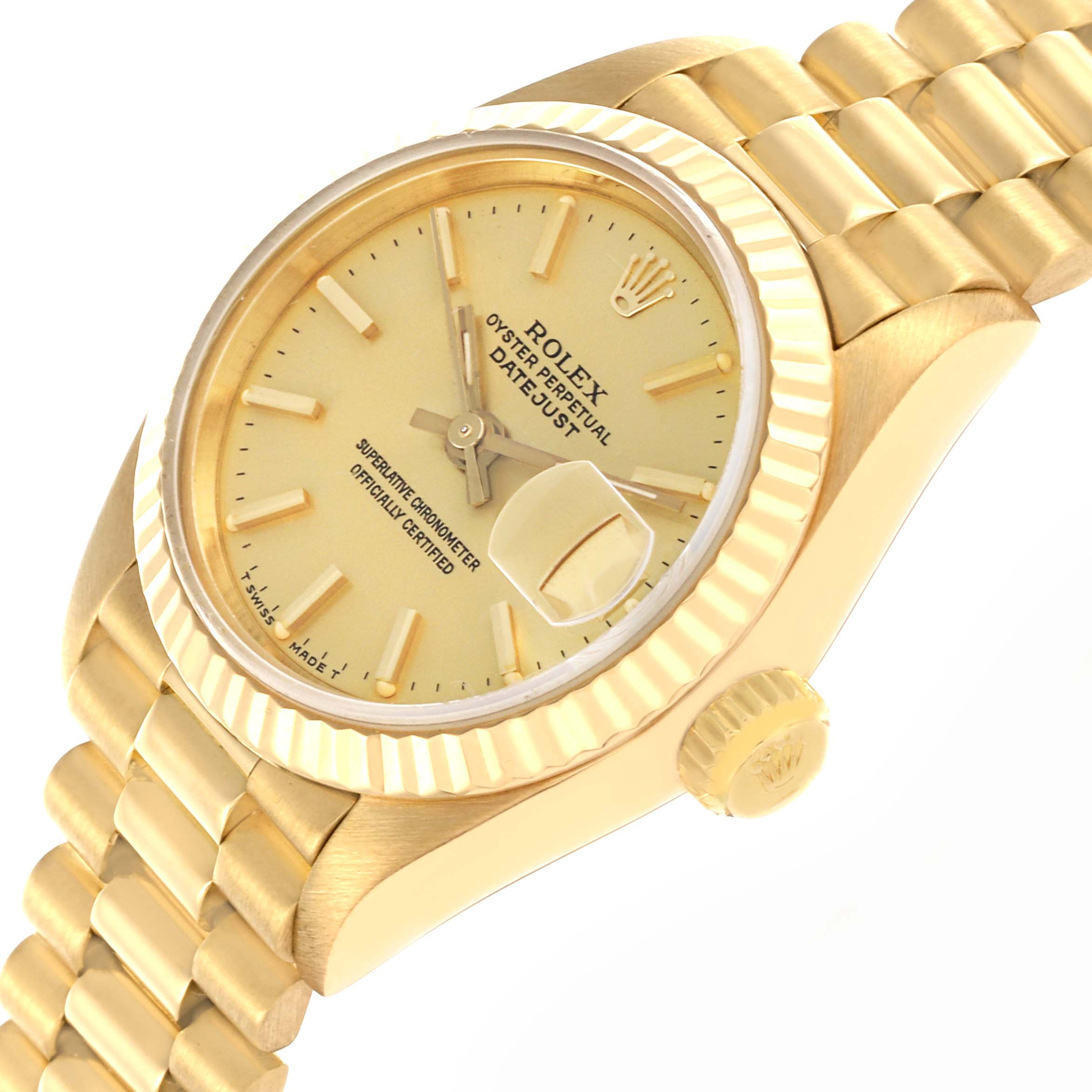 The Rolex President 69178 Women's Yellow Gold Champagne Dial 69178 Women's Yellow Gold Champagne Dial model is shown at a side angle, displaying the face, fluted bezel, crown, and part of the bracelet.