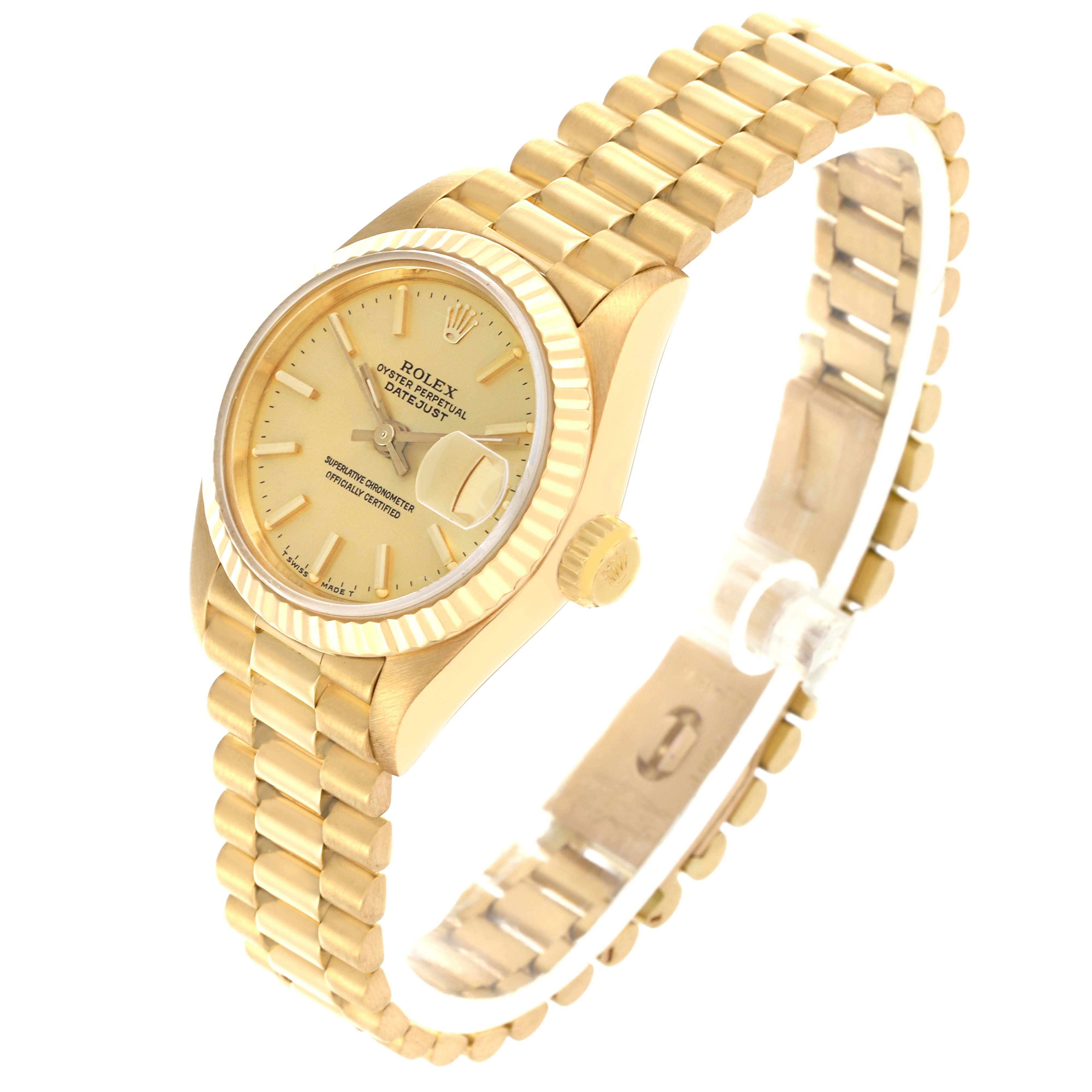The Rolex President 69178 Women's Yellow Gold Champagne Dial 69178 Women's Yellow Gold Champagne Dial watch is shown from a three-quarter angle, displaying the dial, bezel, bracelet, and crown.