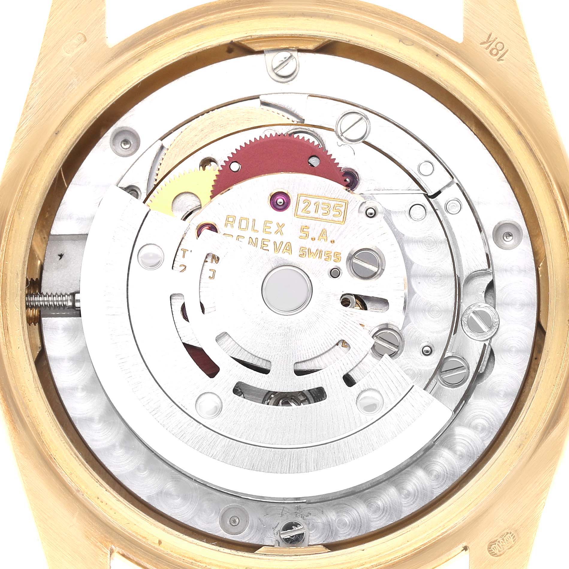 The image shows the movement mechanism of the Rolex President 68158 Women's Yellow Gold Champagne Dial 68158 Women's Yellow Gold Champagne Dial model from a rear angle, highlighting the rotor and gears.