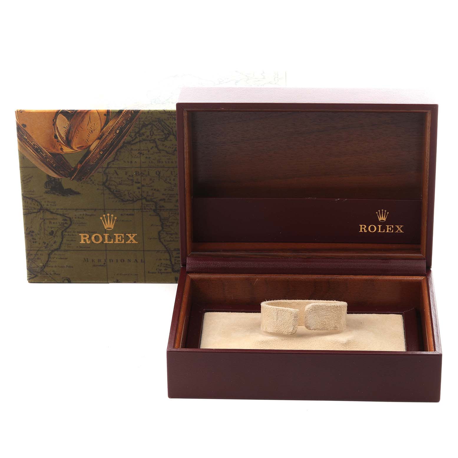 The image shows a Rolex President 68158 Women's Yellow Gold Champagne Dial 68158 Women's Yellow Gold Champagne Dial model watch box, partially open with a map-themed outer box nearby.