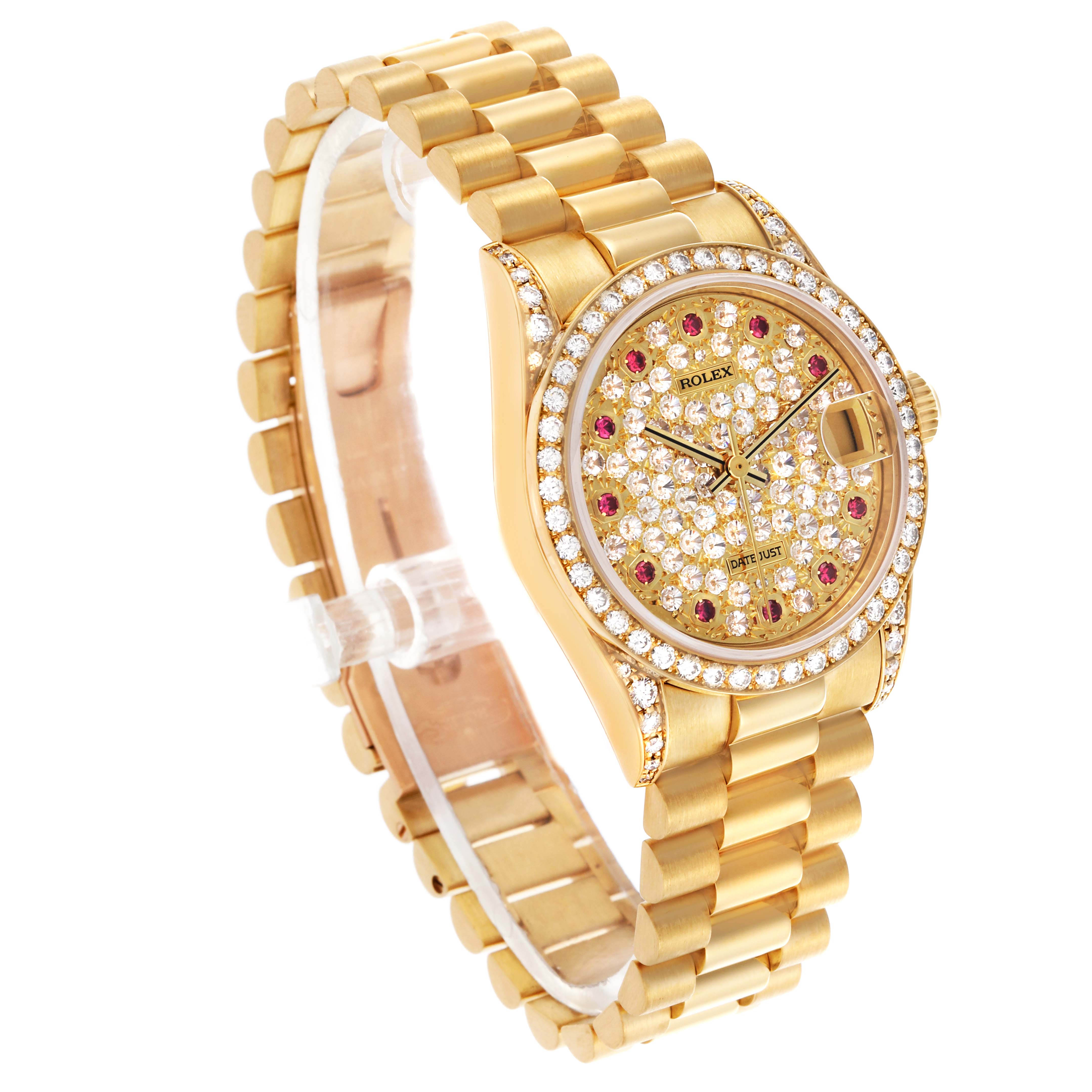 The Rolex President 68158 Women's Yellow Gold Champagne Dial 68158 Women's Yellow Gold Champagne Dial watch is shown at a three-quarter angle, highlighting the diamond-studded dial, bezel, and gold bracelet.