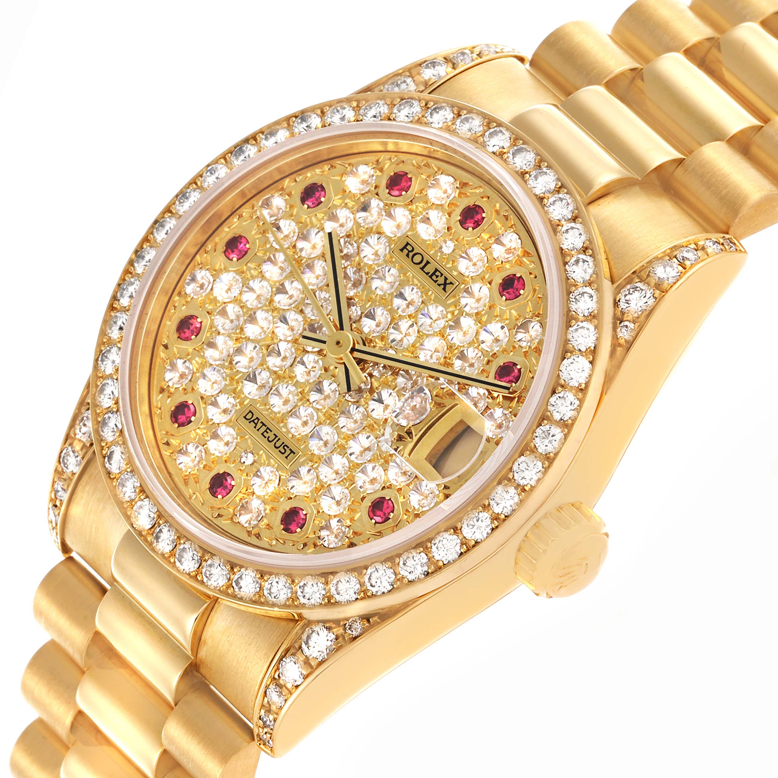 The Rolex President 68158 Women's Yellow Gold Champagne Dial 68158 Women's Yellow Gold Champagne Dial model is shown at an angled view, highlighting the diamond-studded bezel, dial, and bracelet.