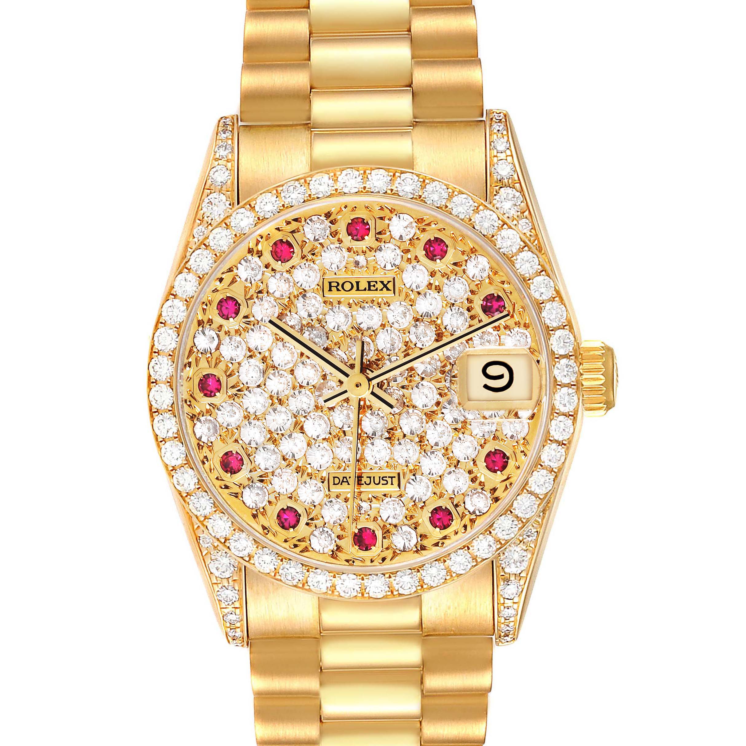 The image shows a top-down view of a Rolex President 68158 Women's Yellow Gold Champagne Dial 68158 Women's Yellow Gold Champagne Dial model, highlighting the diamond-studded bezel, dial, and bracelet.