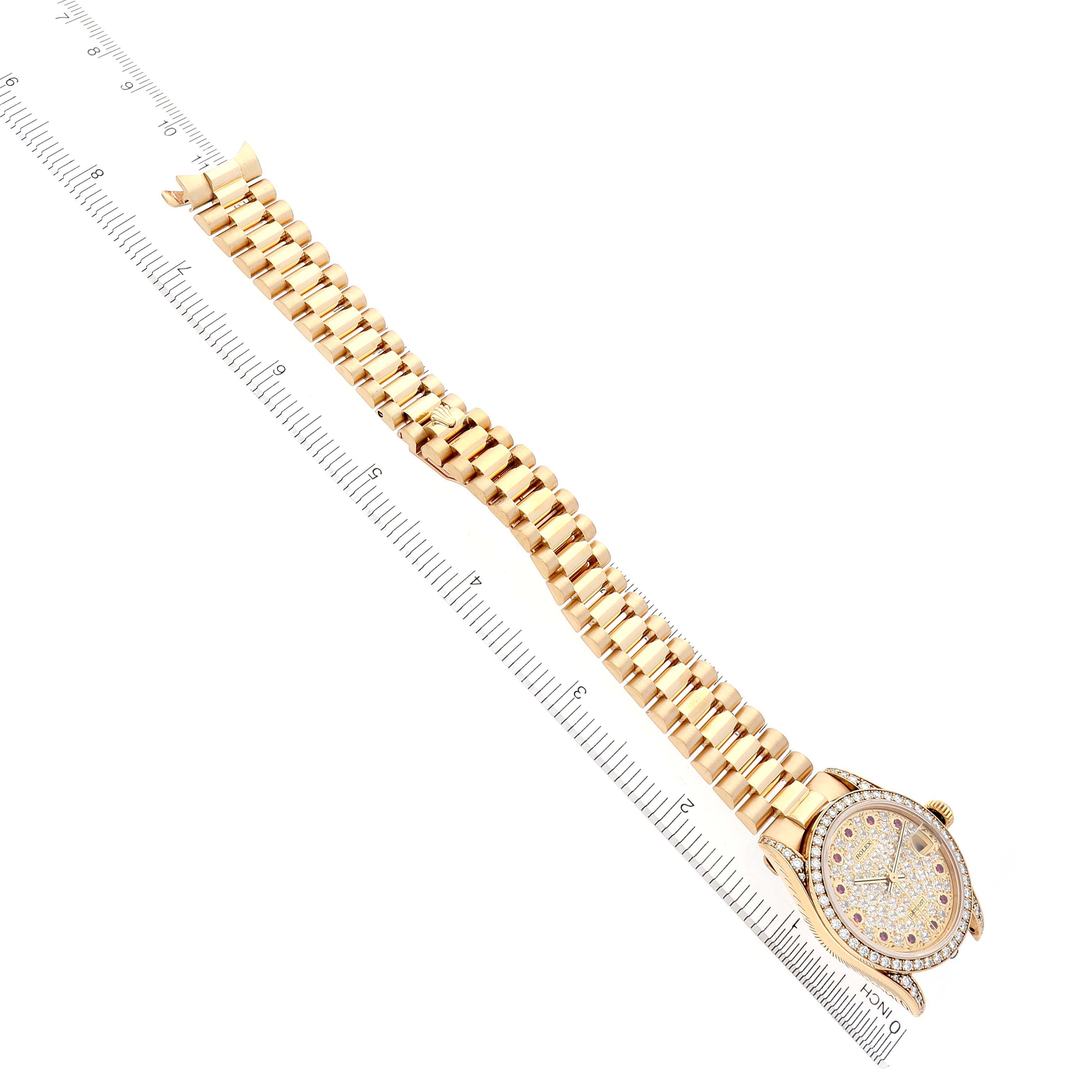 The Rolex President 68158 Women's Yellow Gold Champagne Dial 68158 Women's Yellow Gold Champagne Dial model watch is shown from a top-down angle, featuring its bracelet, bezel, and dial.