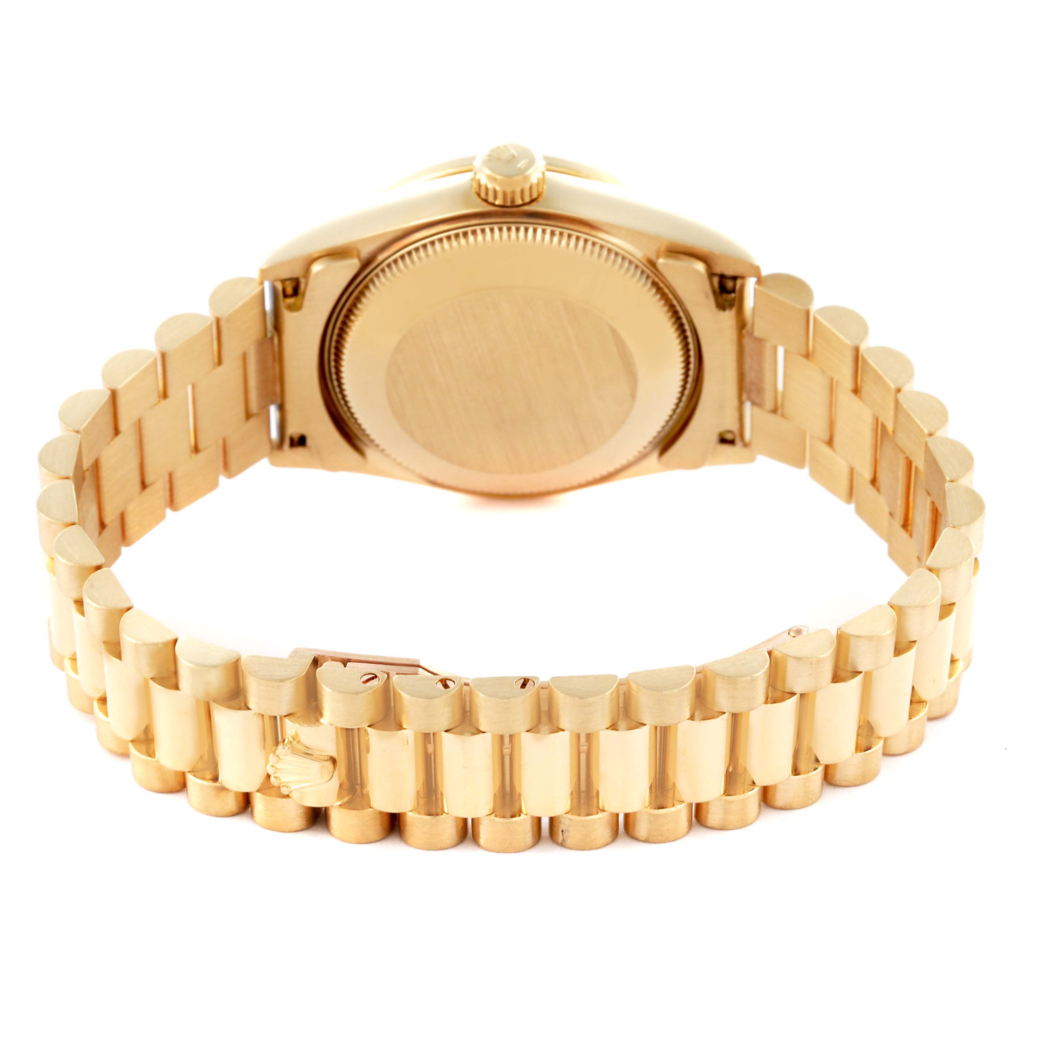 The Rolex President 68158 Women's Yellow Gold Champagne Dial 68158 Women's Yellow Gold Champagne Dial model is shown from the back, highlighting the case and gold bracelet.