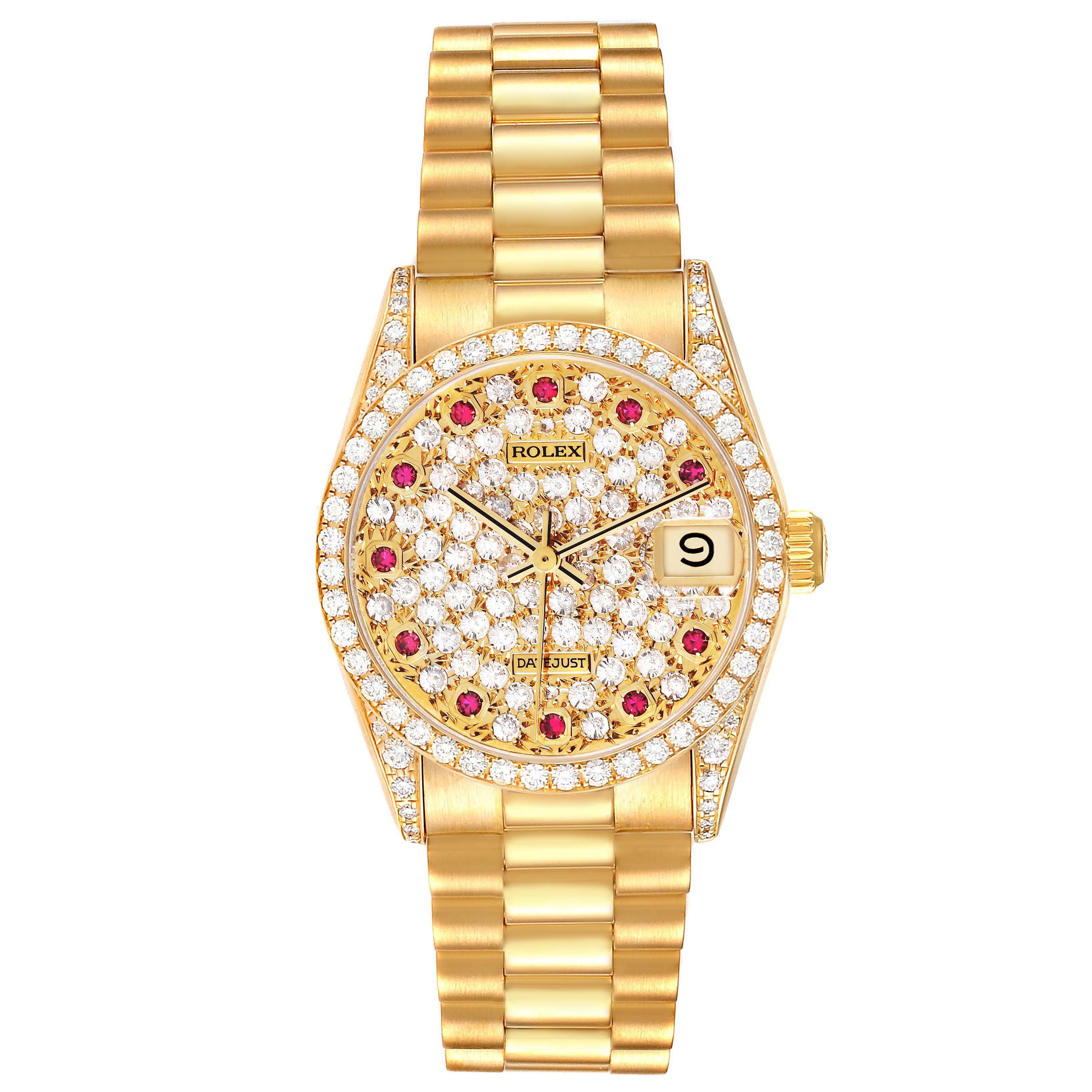 The Rolex President 68158 Women's Yellow Gold Champagne Dial 68158 Women's Yellow Gold Champagne Dial watch is shown from a top view, highlighting its diamond-studded face and gold bracelet.