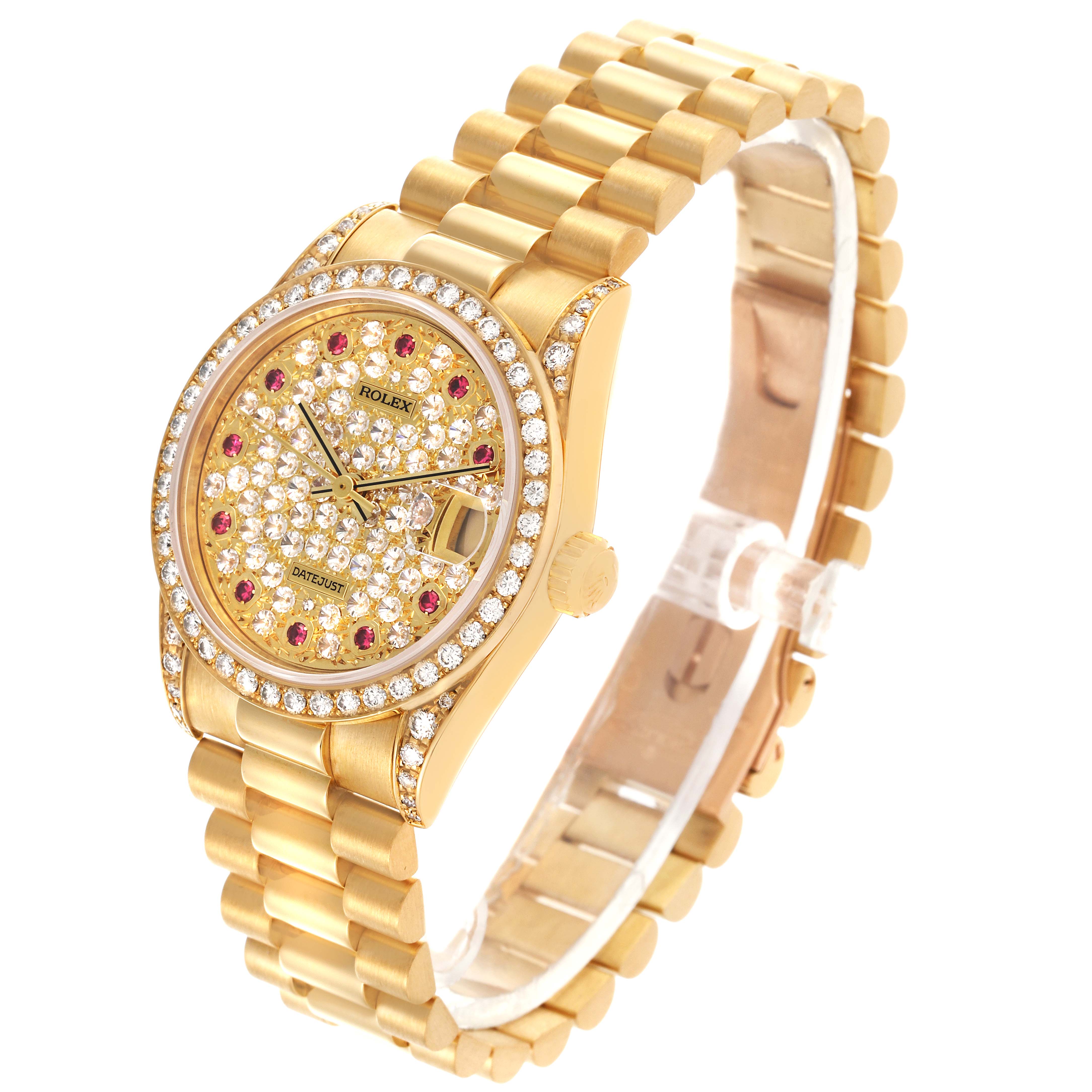 The Rolex President 68158 Women's Yellow Gold Champagne Dial 68158 Women's Yellow Gold Champagne Dial watch is shown at a front angle, displaying the dial, bezel, and bracelet.