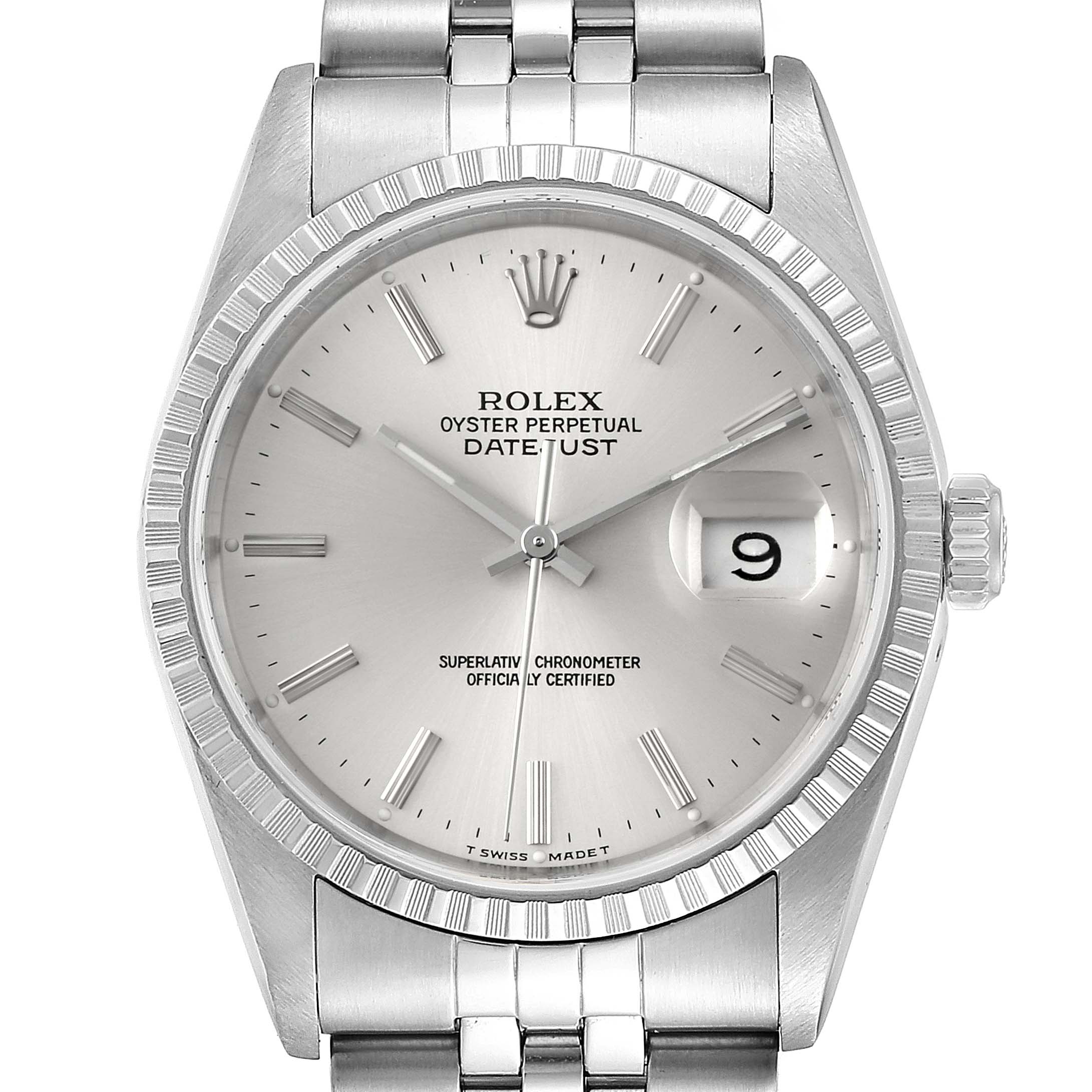 This image shows a front view of the Rolex Datejust 16220 Men
s Stainless Steel Silver Dial 16220 Men
s Stainless Steel Silver Dial watch, displaying the dial, hands, crown, and part of the bracelet.