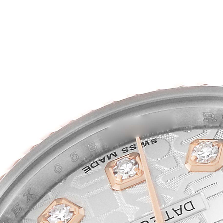 The image shows a close-up of the dial and bezel of a Rolex Datejust 179171 Women's Steel and Gold (two tone) Silver Dial watch, highlighting diamond hour markers and part of the watch face.