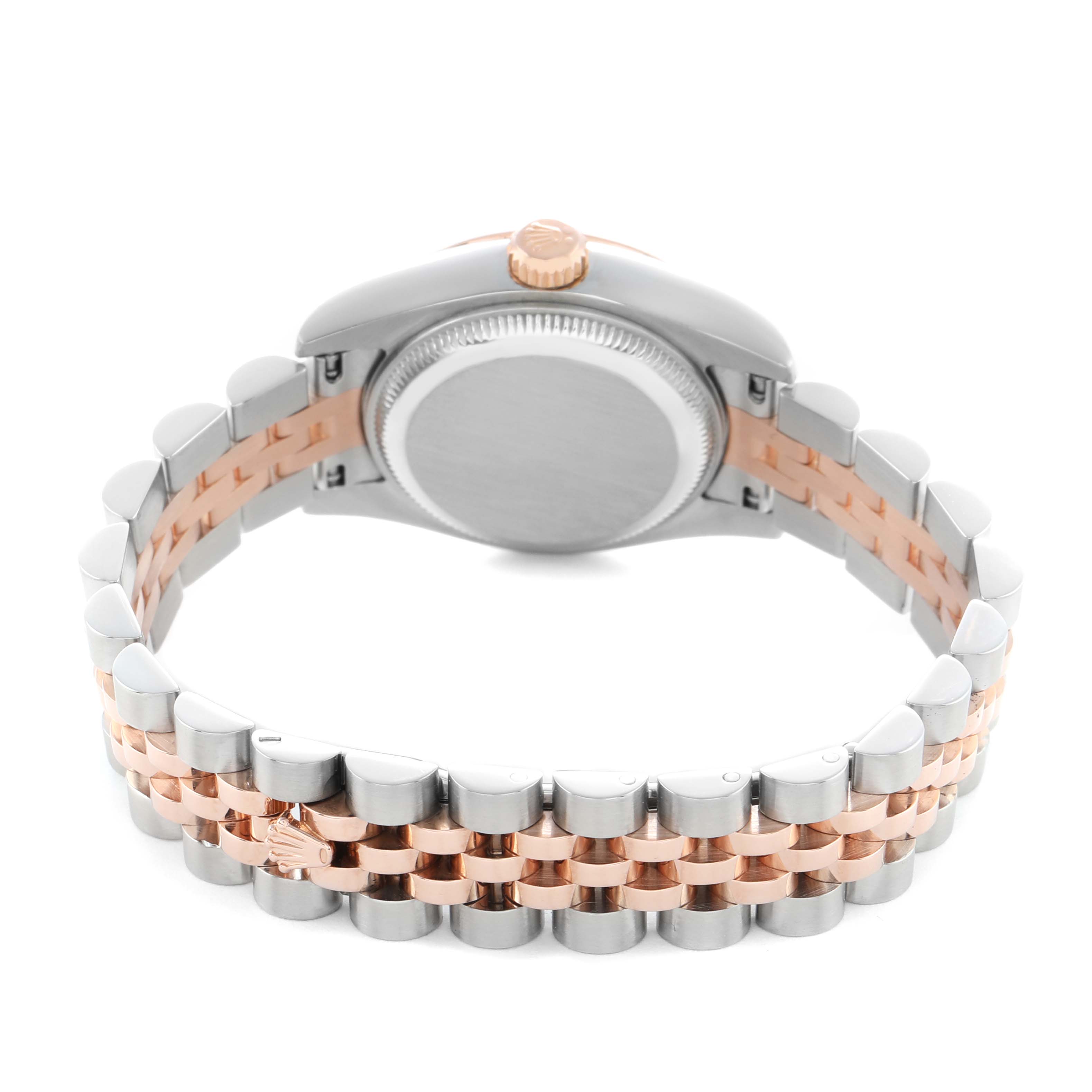 The image shows a Rolex Datejust 179171 Women's Steel and Gold (two tone) Silver Dial watch from the back, highlighting the case, crown, and bracelet.