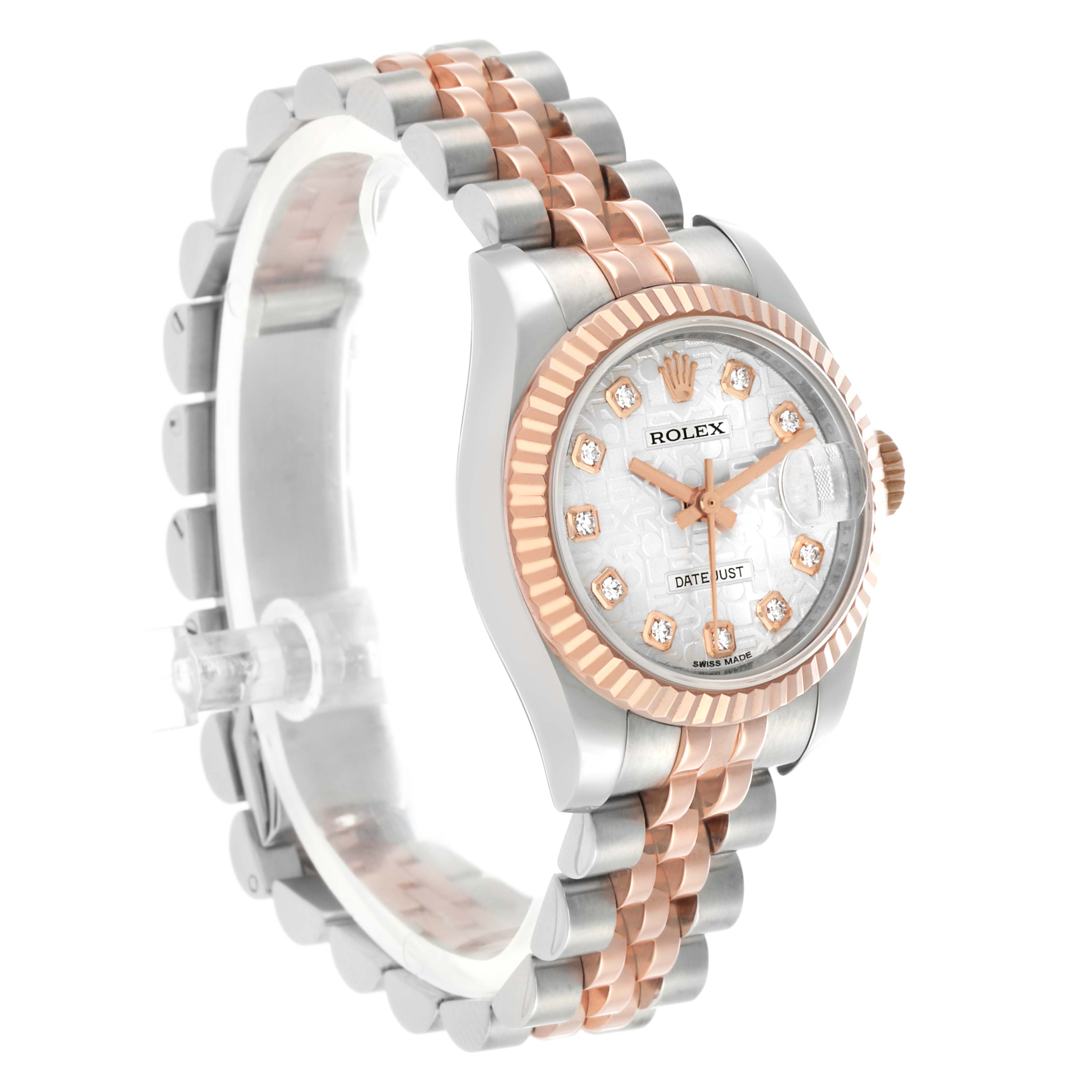 The Rolex Datejust 179171 Women's Steel and Gold (two tone) Silver Dial watch is shown at an angled side view, displaying the bezel, dial, and bracelet.
