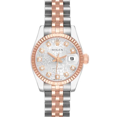 The Rolex Datejust 179171 Women's Steel and Gold (two tone) Silver Dial is shown from a front angle, displaying the face, fluted bezel, and Jubilee bracelet.