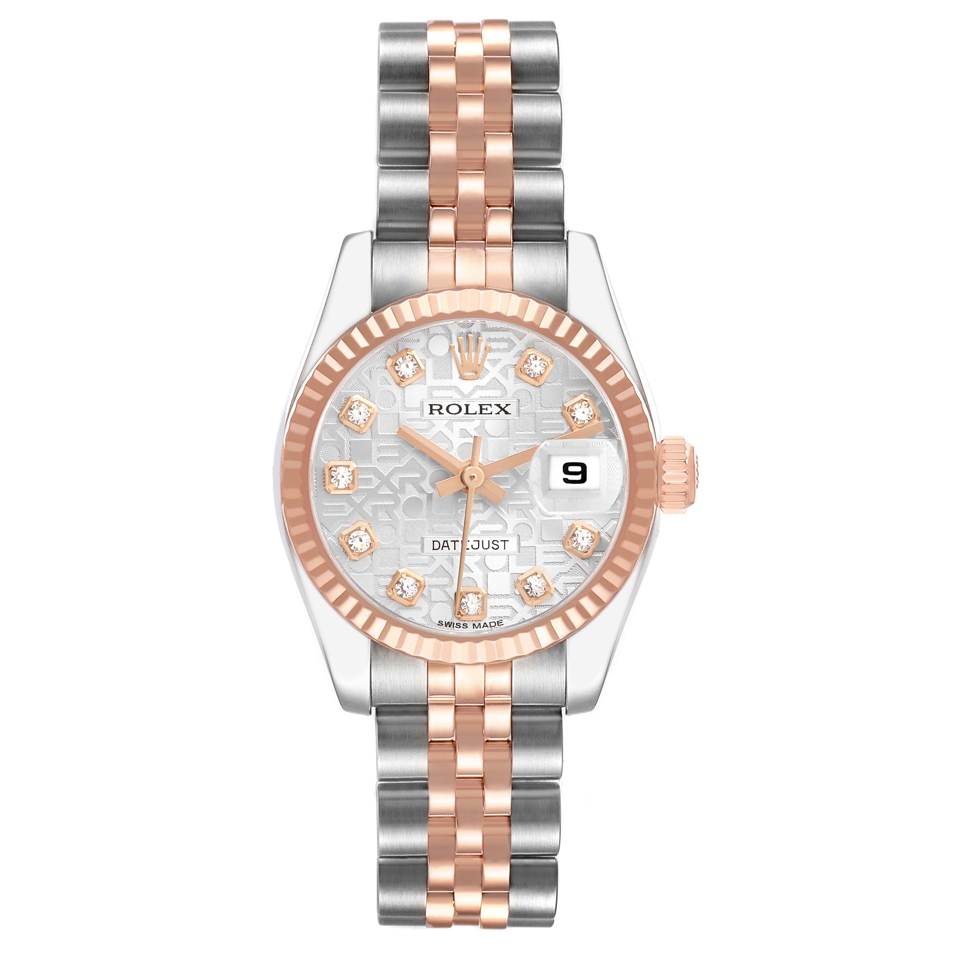 The Rolex Datejust 179171 Women's Steel and Gold (two tone) Silver Dial watch is shown from a front angle, highlighting its two-tone bracelet, fluted bezel, and date window.