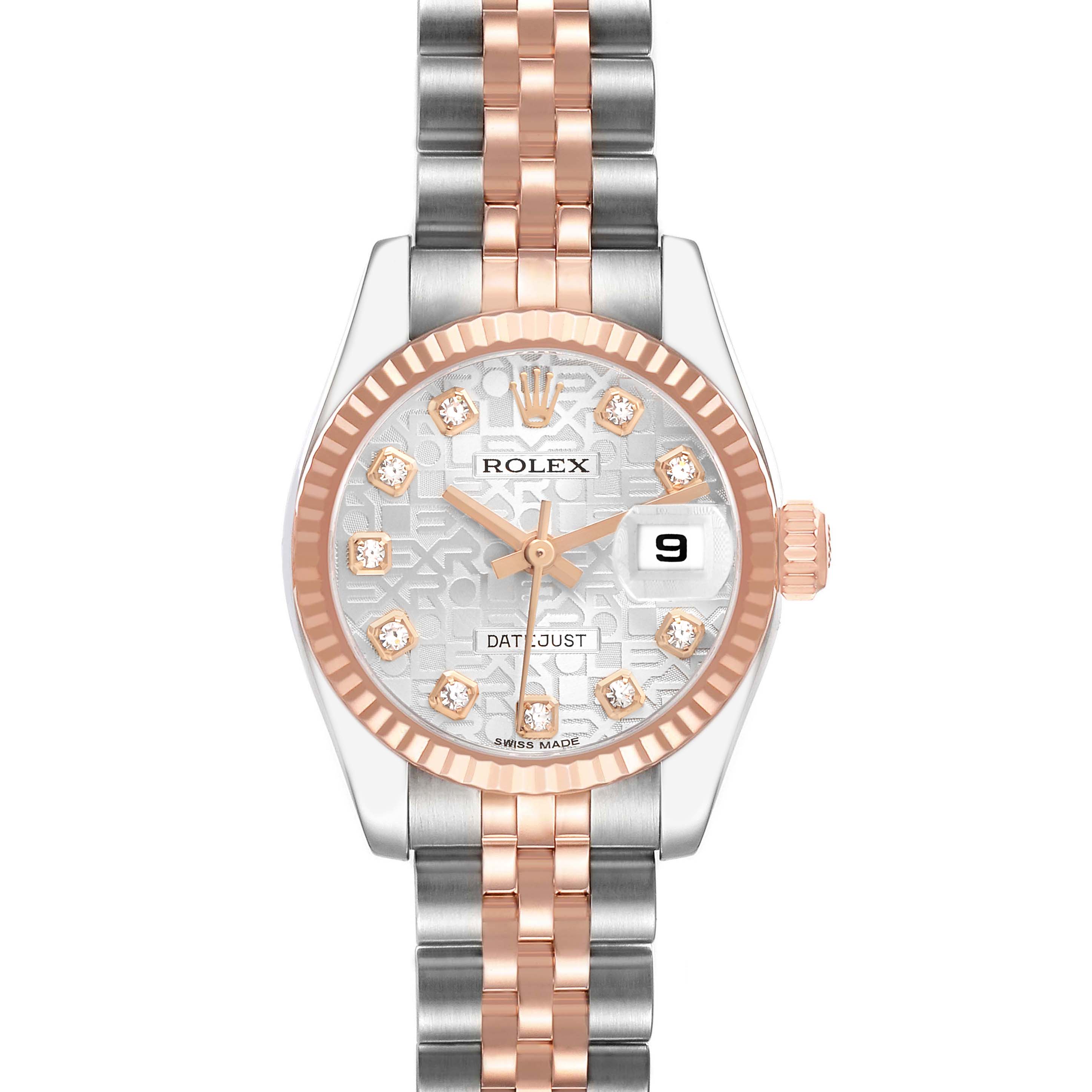 The Rolex Datejust 179171 Women's Steel and Gold (two tone) Silver Dial is shown from the front, highlighting the dial, bezel, crown, and bracelet.