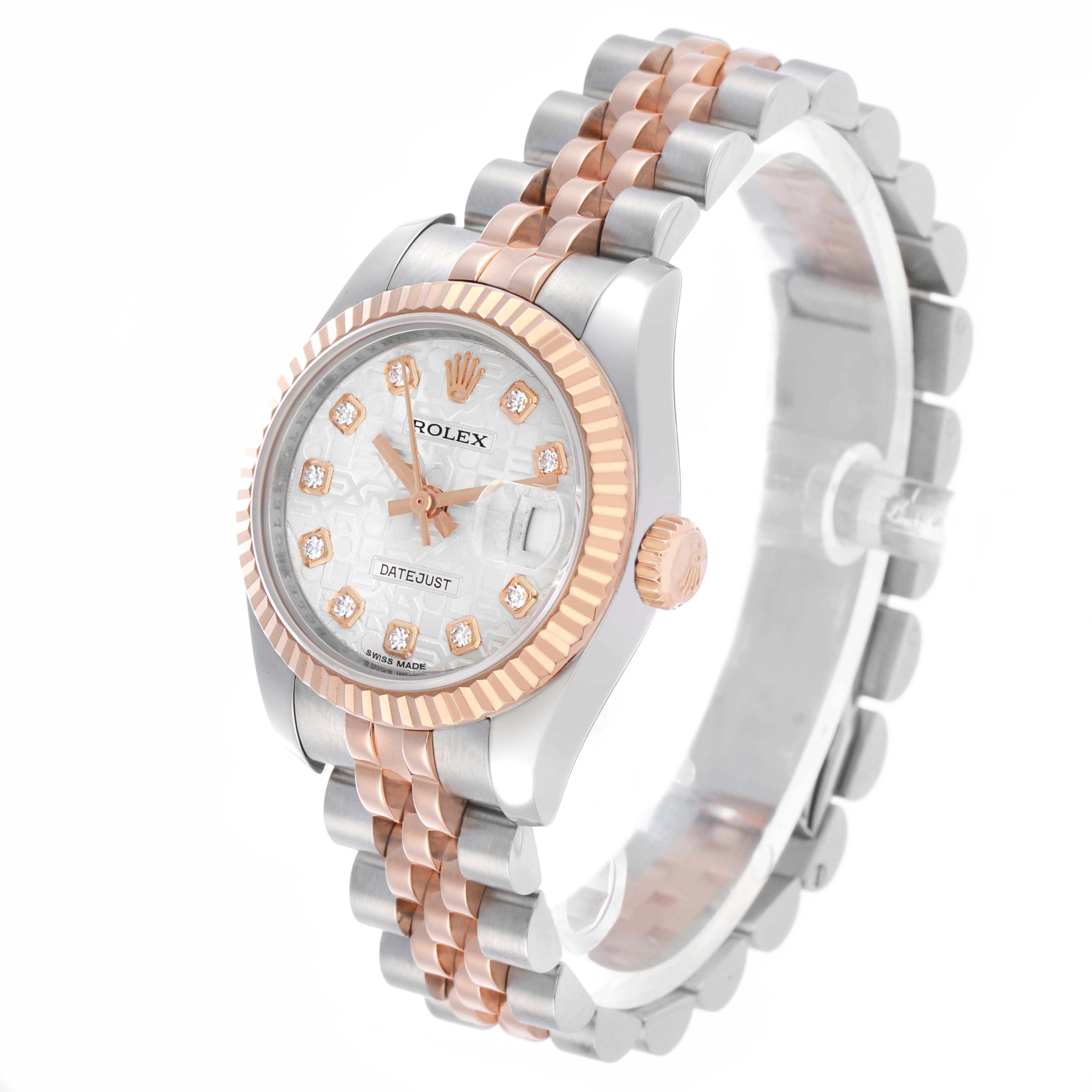 The Rolex Datejust 179171 Women's Steel and Gold (two tone) Silver Dial watch is shown at an angled view, highlighting the face, fluted bezel, and two-tone bracelet.