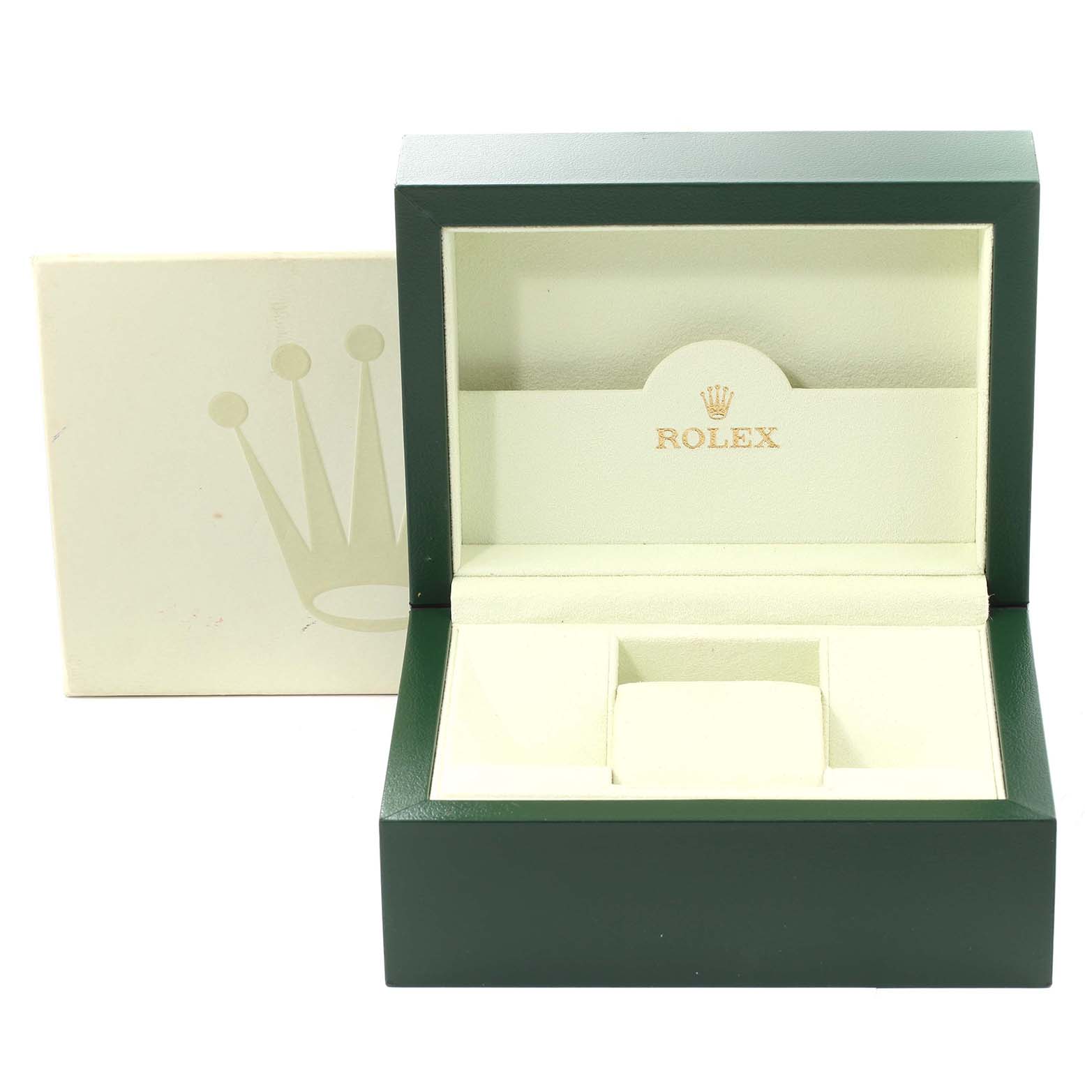 The image shows an empty Rolex Datejust 179161 Women's Steel and Gold (two tone) Black Dial 179161 Women's Steel and Gold (two tone) Black Dial watch box and its outer box, viewed from the front.