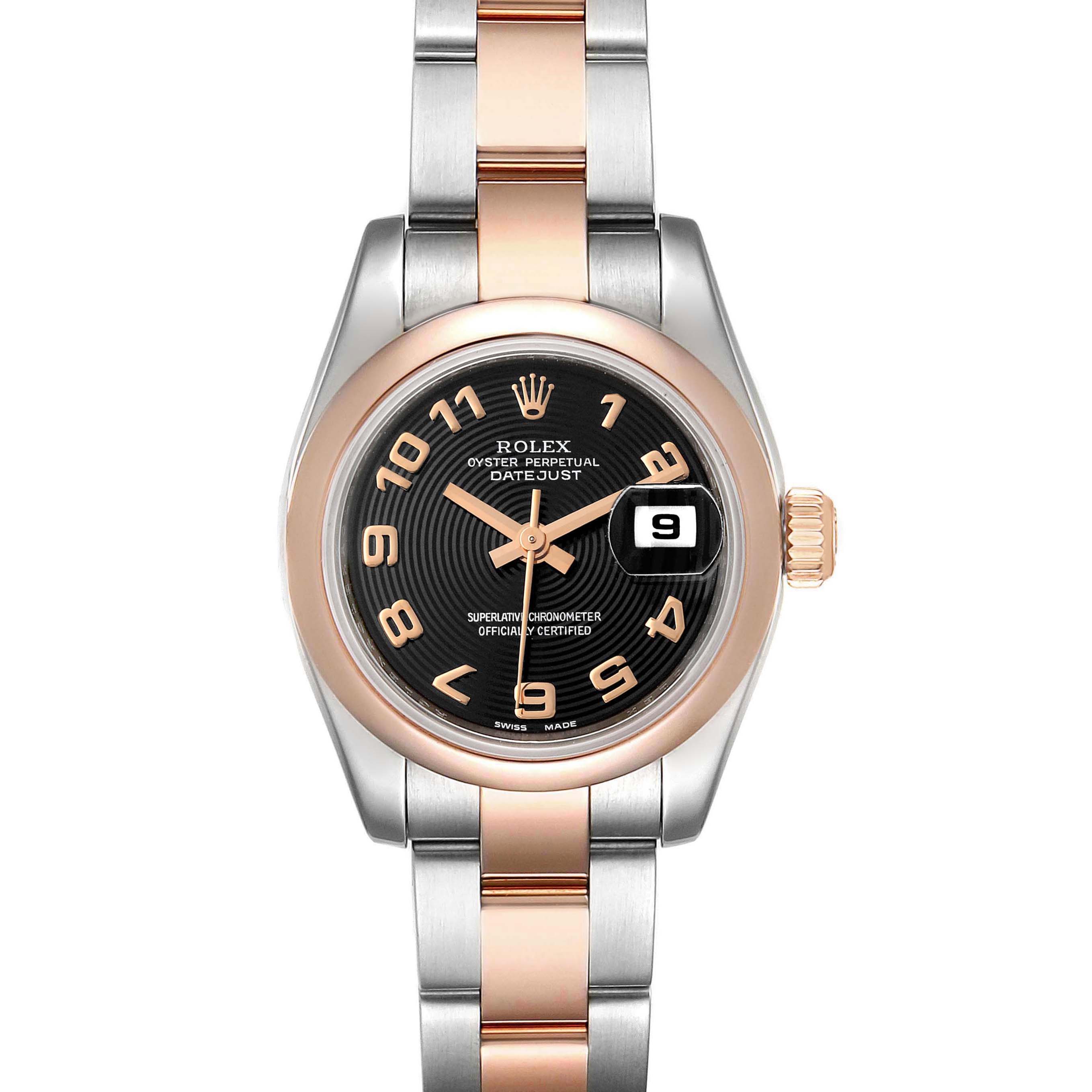 This is a front view of a Rolex Datejust 179161 Women's Steel and Gold (two tone) Black Dial 179161 Women's Steel and Gold (two tone) Black Dial watch, showcasing the dial, bezel, bracelet, and date window.