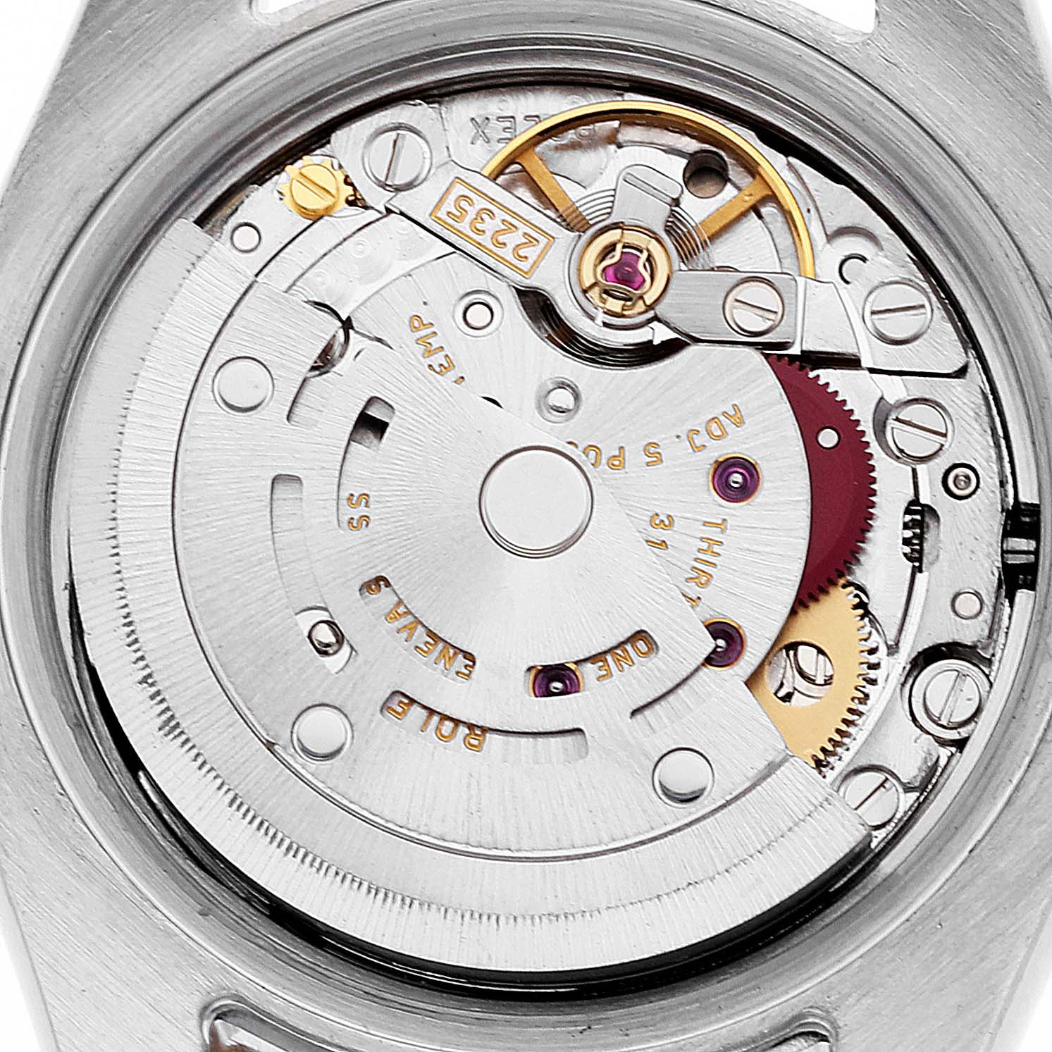 The image shows the internal mechanism of a Rolex Datejust 179161 Women's Steel and Gold (two tone) Black Dial 179161 Women's Steel and Gold (two tone) Black Dial watch viewed from the back.