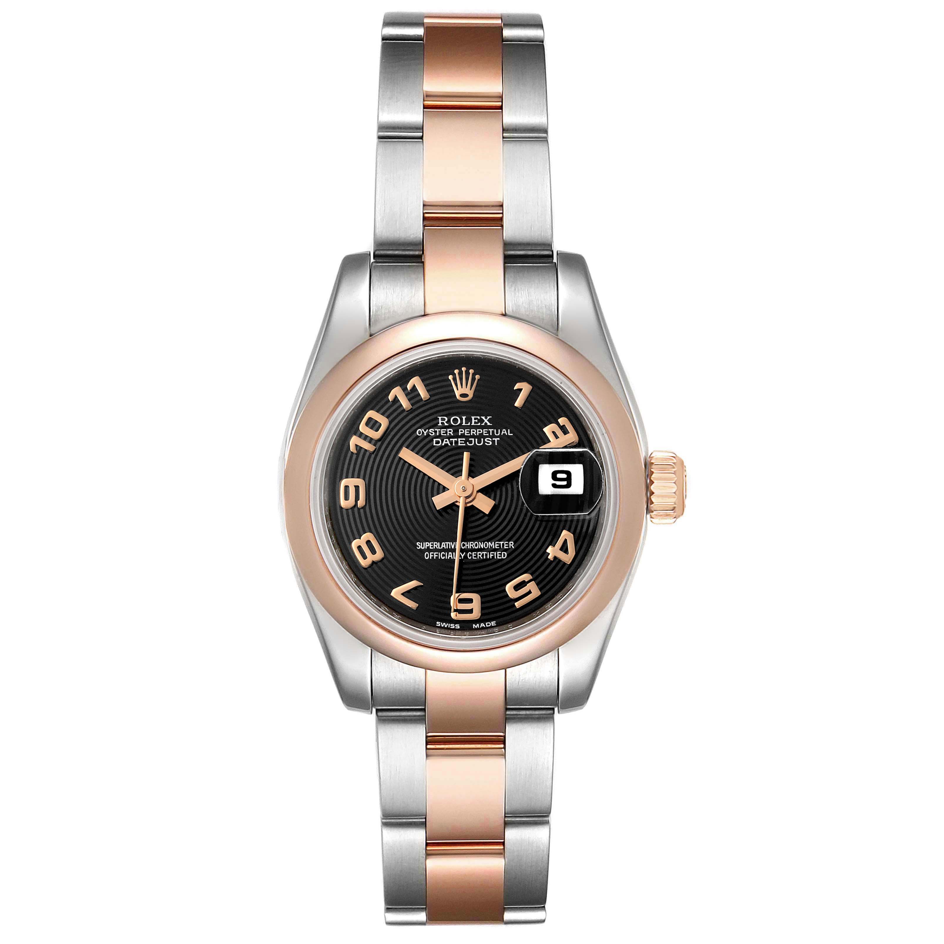 This is a front view of the Rolex Datejust 179161 Women's Steel and Gold (two tone) Black Dial 179161 Women's Steel and Gold (two tone) Black Dial watch, showing the two-tone bracelet, black dial, and date window at 3 o'clock.