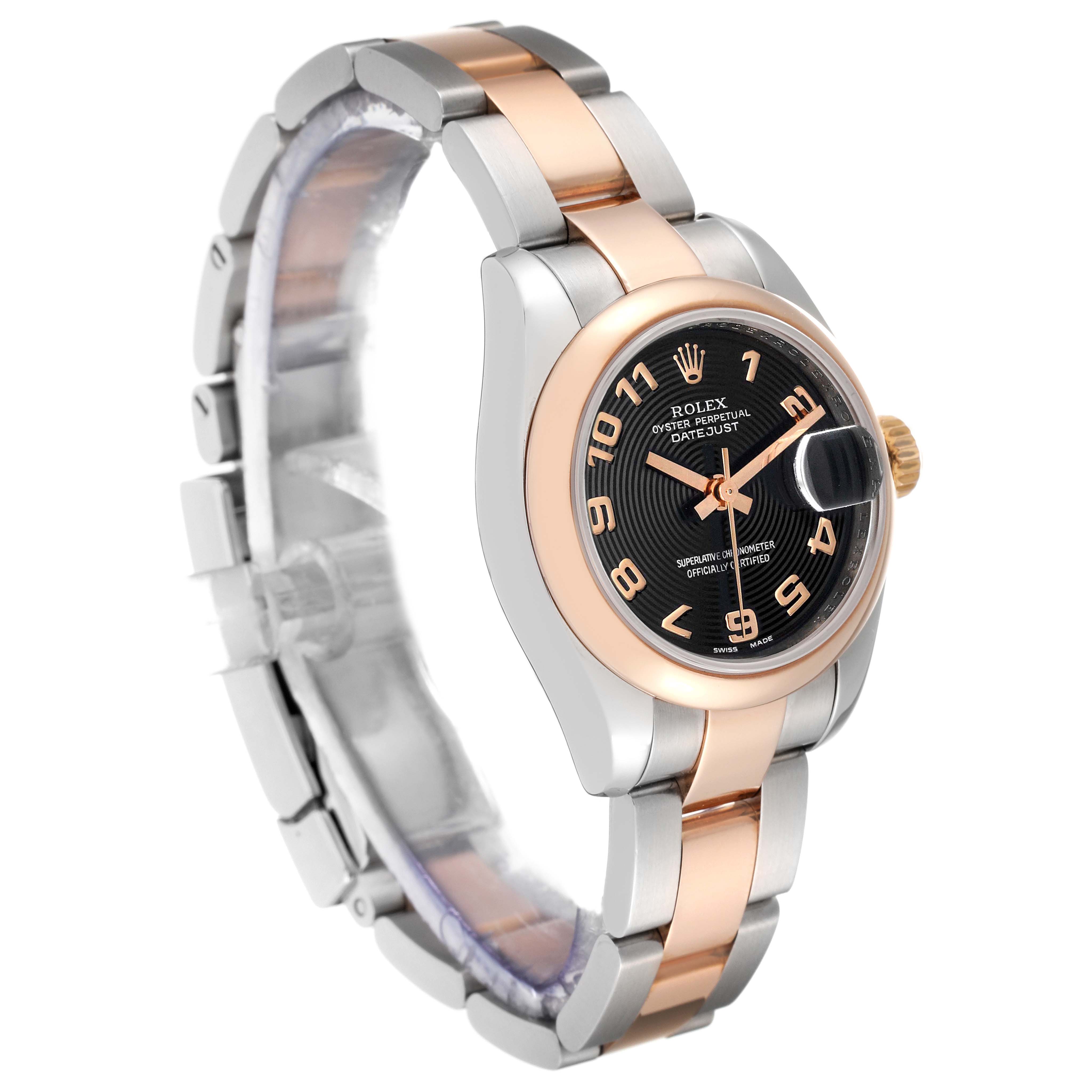 The image shows a Rolex Datejust 179161 Women's Steel and Gold (two tone) Black Dial 179161 Women's Steel and Gold (two tone) Black Dial watch at a 3/4 angle, highlighting the face, bezel, and bracelet.