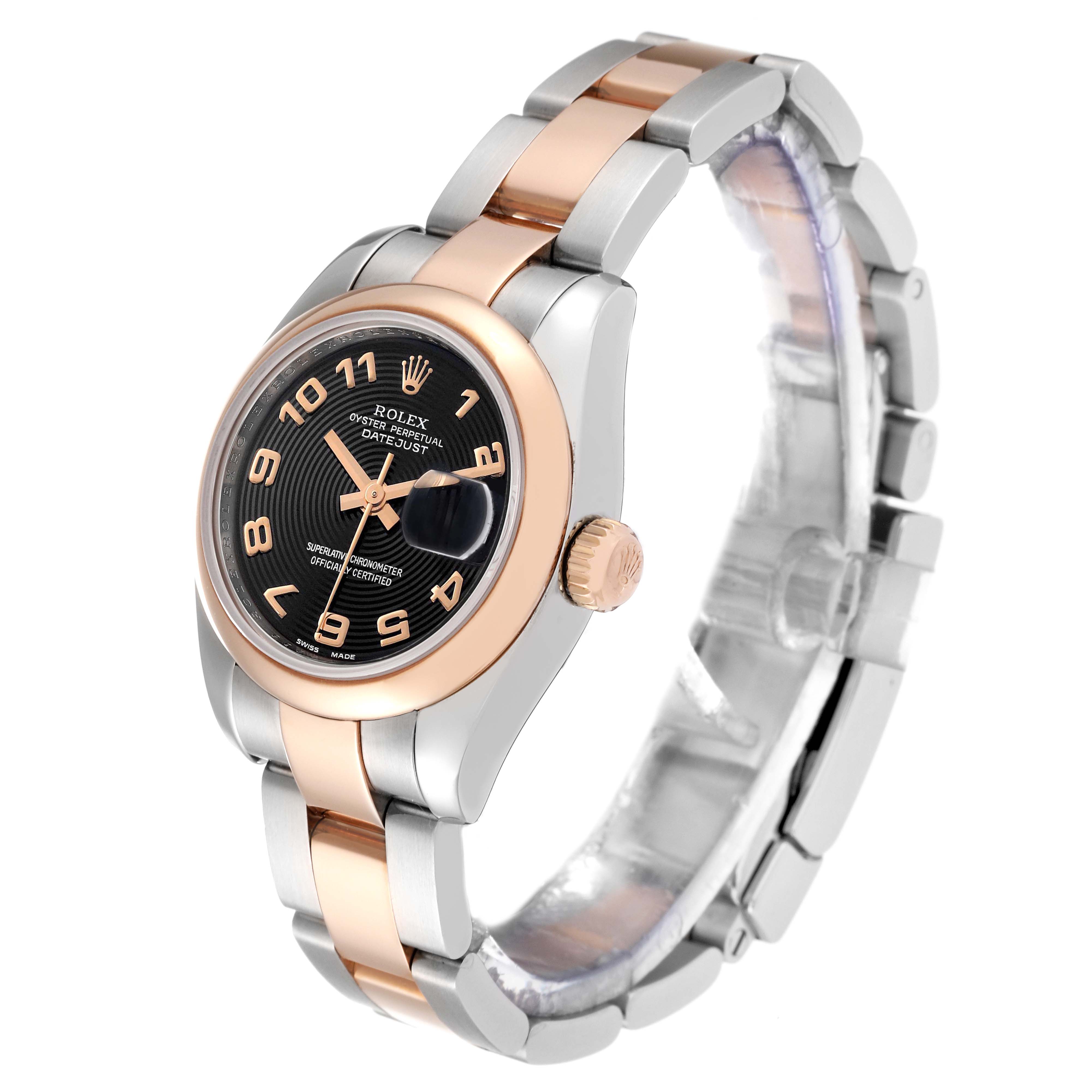 The image shows a Rolex Datejust 179161 Women's Steel and Gold (two tone) Black Dial 179161 Women's Steel and Gold (two tone) Black Dial watch at an angled side view, highlighting the face, bezel, crown, and bracelet.