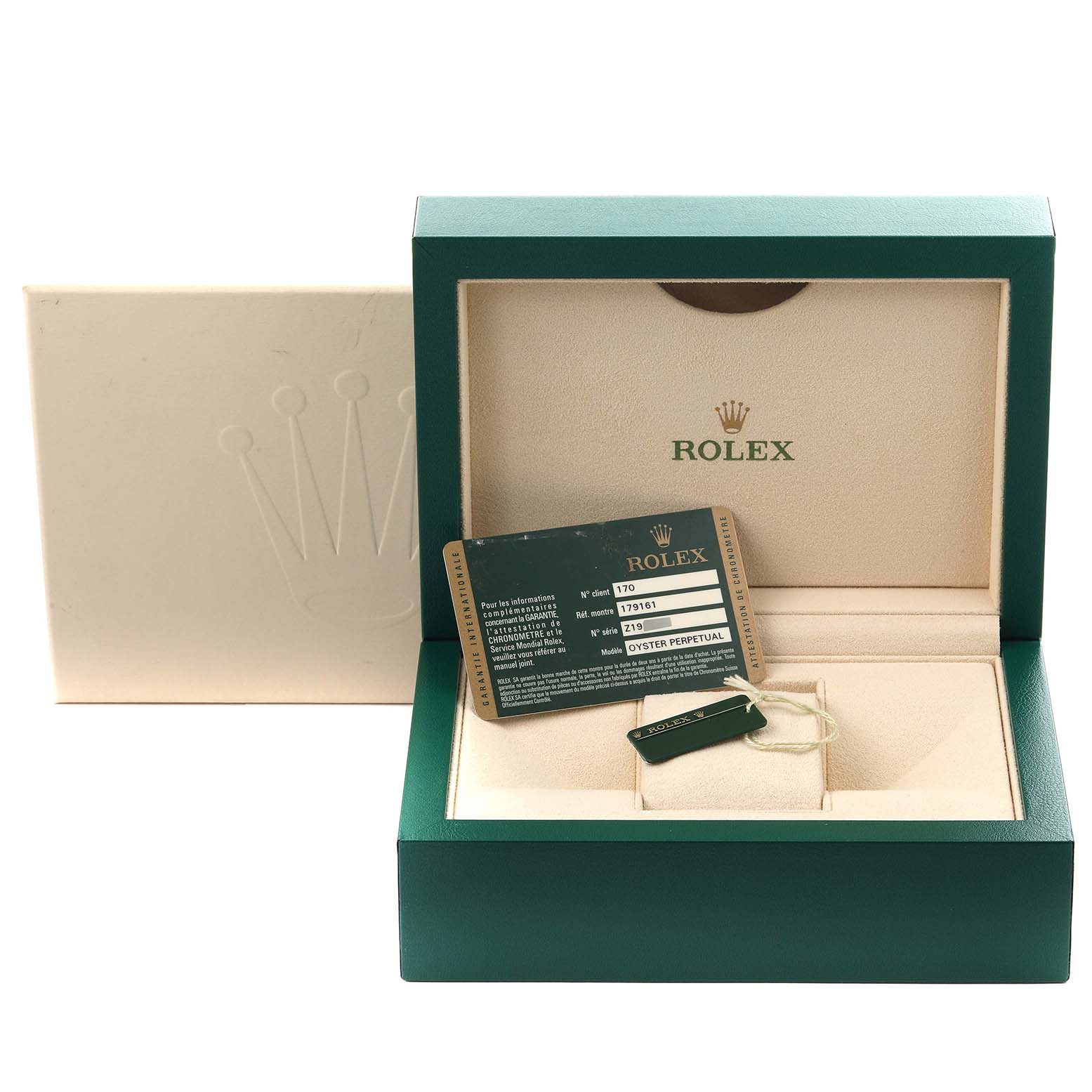 The image shows a Rolex Datejust 179161 Women
s Steel and Gold (two tone) Black Dial 179161 Women
s Steel and Gold (two tone) Black Dial box with an Best Quality
ity card and tag placed inside.