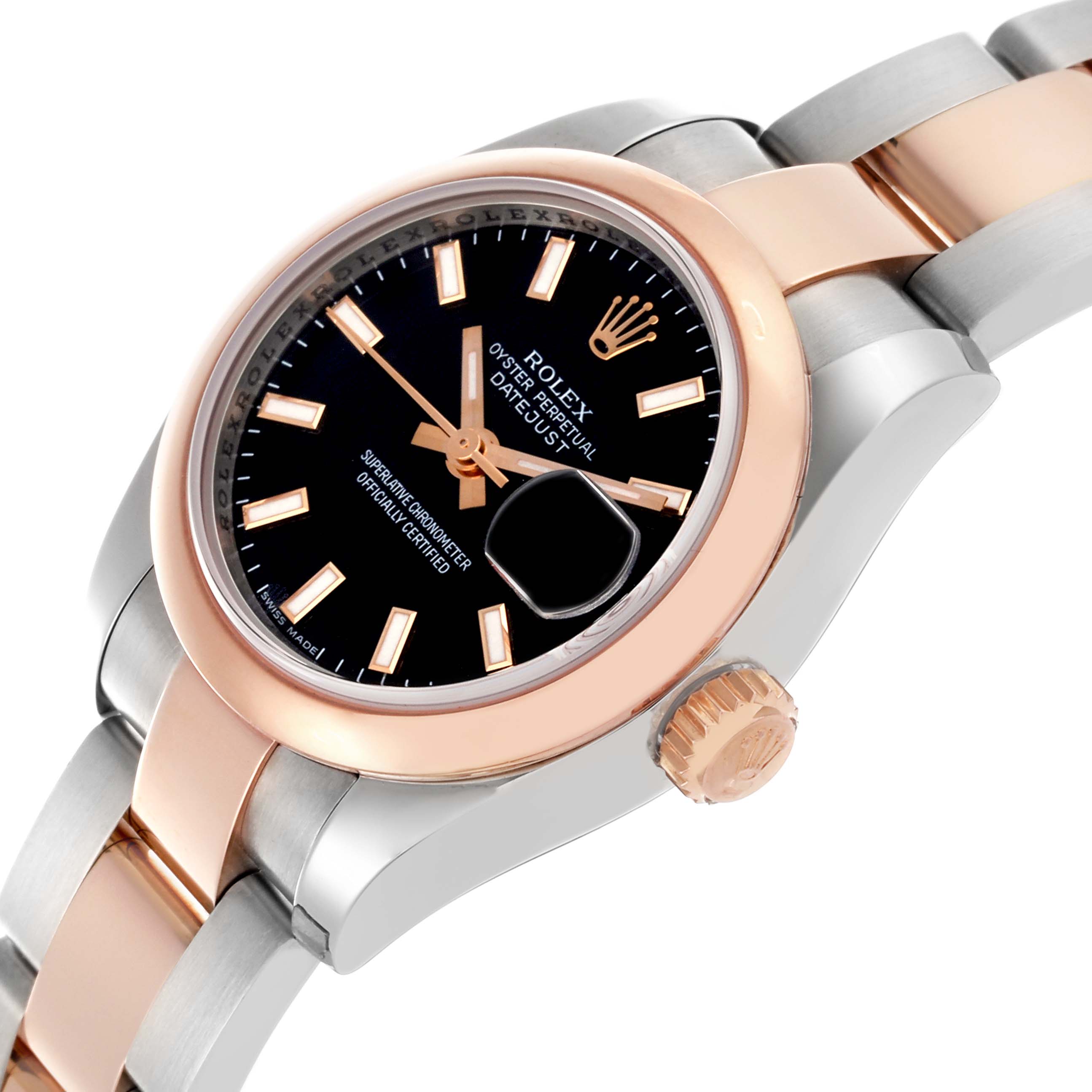 The Rolex Datejust 179161 Women
s Steel and Gold (two tone) Black Dial 179161 Women
s Steel and Gold (two tone) Black Dial watch is shown from a side angle, highlighting the bezel, crown, and part of the bracelet.