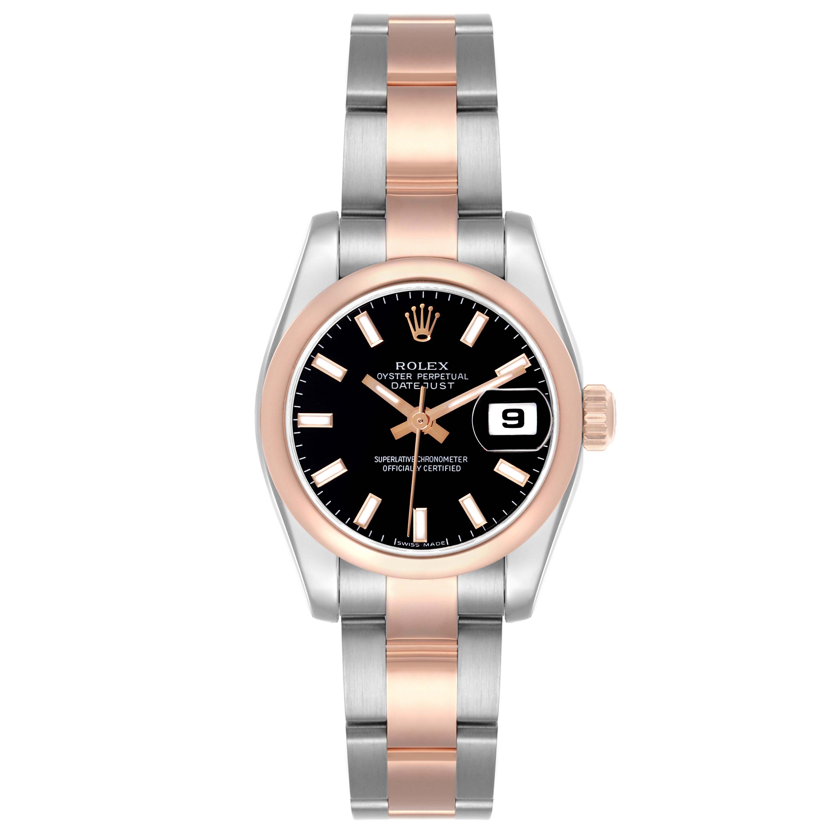 The Rolex Datejust 179161 Women
s Steel and Gold (two tone) Black Dial 179161 Women
s Steel and Gold (two tone) Black Dial watch is shown from a front angle, displaying its face, bezel, crown, and mixed metal bracelet.