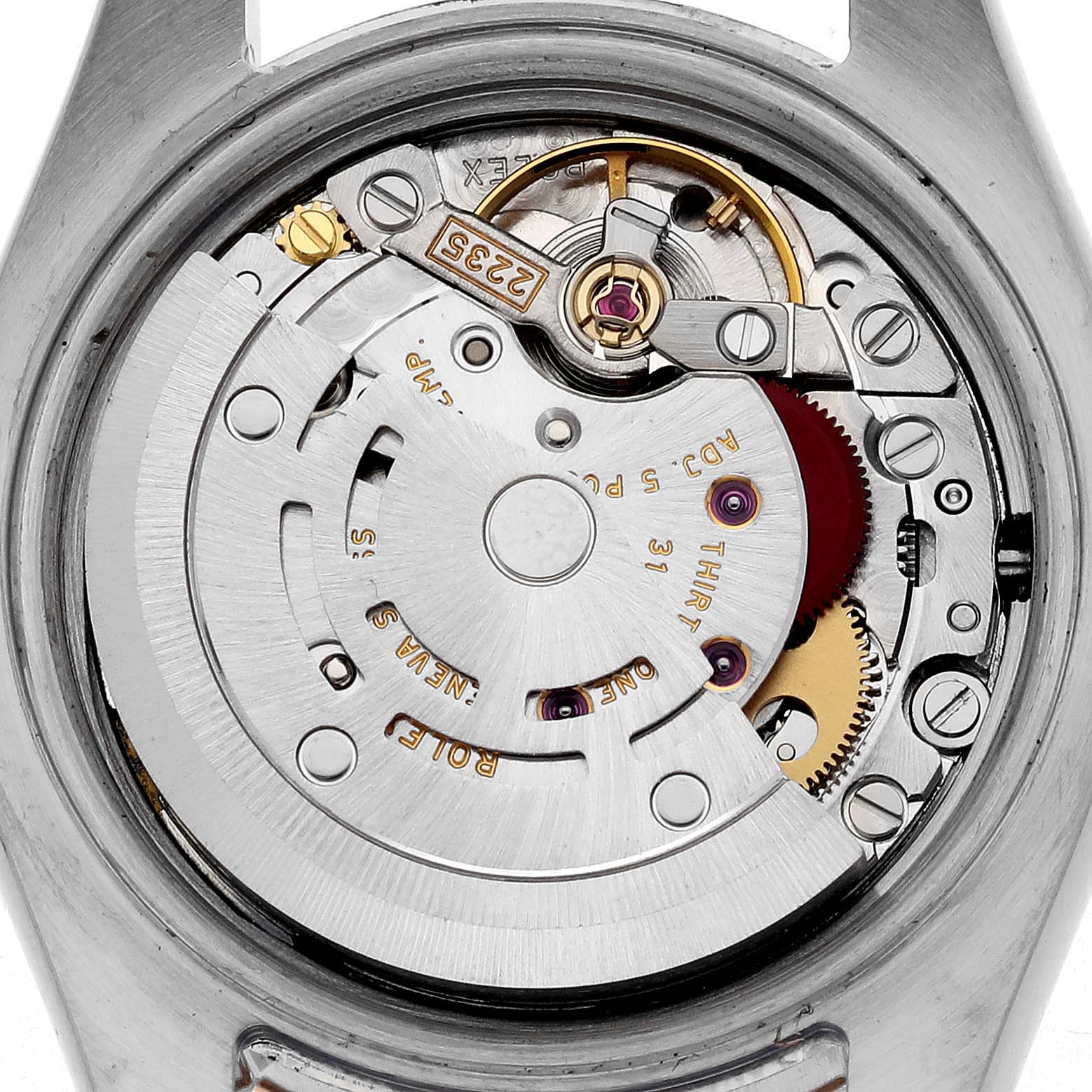 The image shows the movement of a Rolex Datejust 179161 Women
s Steel and Gold (two tone) Black Dial 179161 Women
s Steel and Gold (two tone) Black Dial watch from a back angle, focusing on its intricate internal mechanisms.