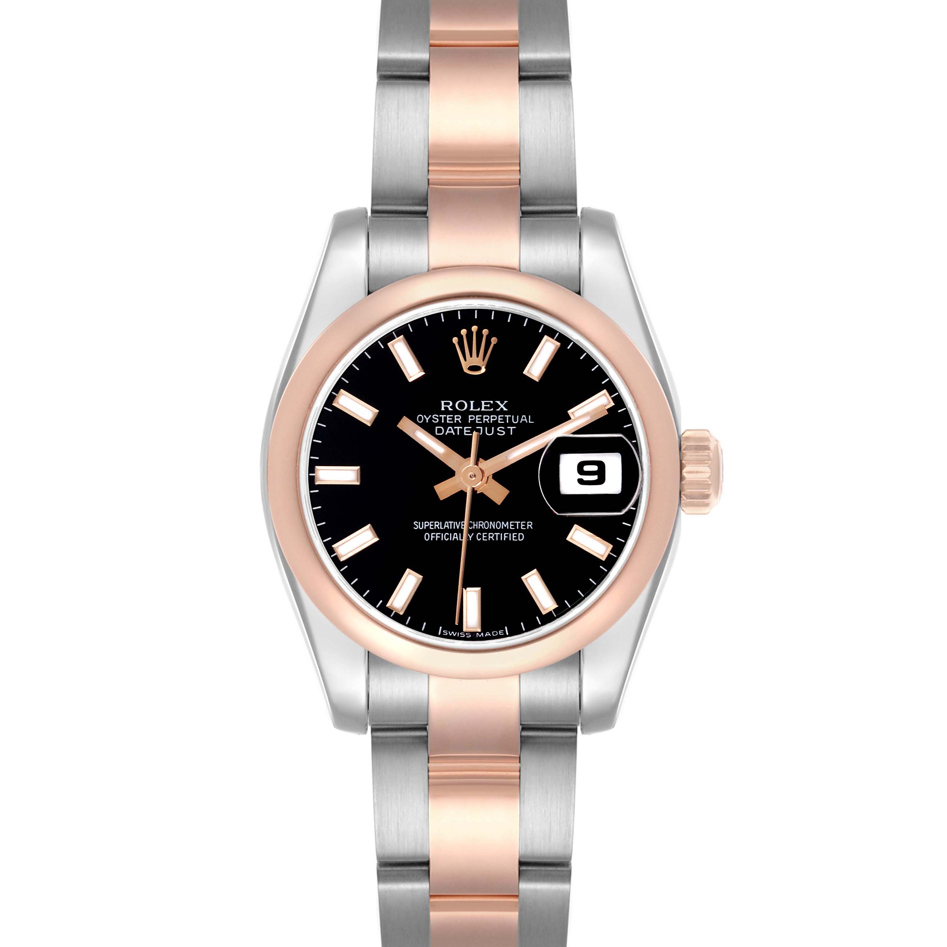 The Rolex Datejust 179161 Women
s Steel and Gold (two tone) Black Dial 179161 Women
s Steel and Gold (two tone) Black Dial watch is shown from a top-down angle, displaying the face, bezel, and part of the bracelet.