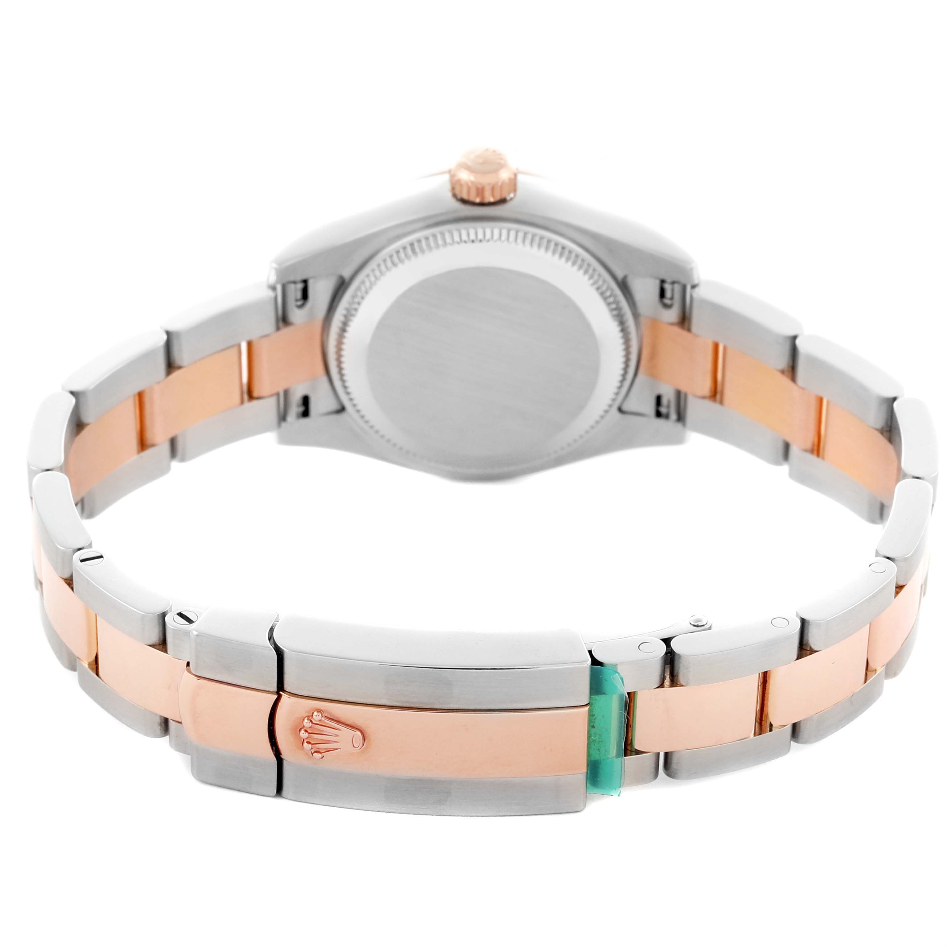 The image shows the back view of a Rolex Datejust 179161 Women
s Steel and Gold (two tone) Black Dial 179161 Women
s Steel and Gold (two tone) Black Dial, highlighting its metal bracelet and clasp.