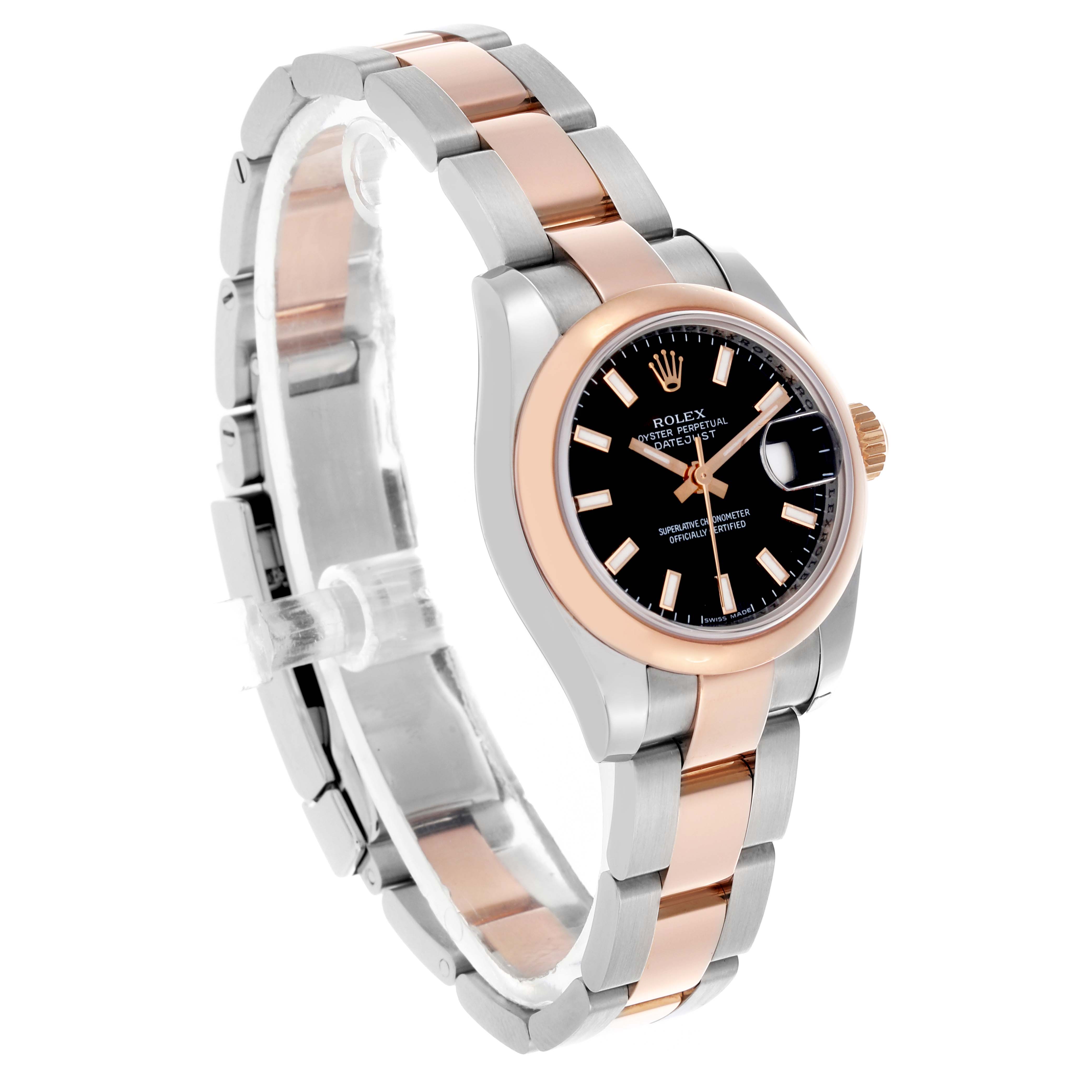 The Rolex Datejust 179161 Women
s Steel and Gold (two tone) Black Dial 179161 Women
s Steel and Gold (two tone) Black Dial watch is shown at a three-quarter angle, highlighting the bezel, dial, and bracelet.