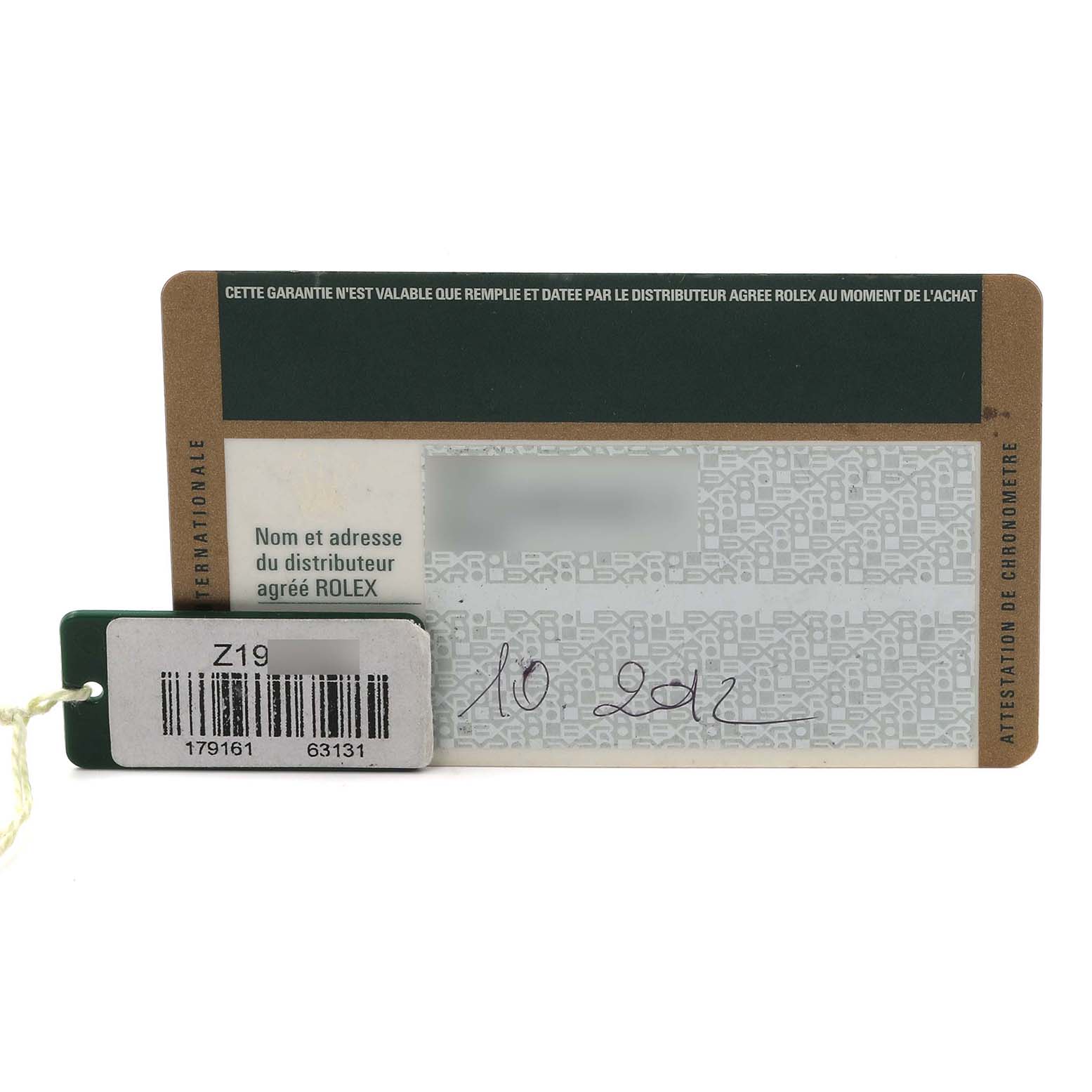 The image shows a warranty card and tag for a Rolex Datejust 179161 Women
s Steel and Gold (two tone) Black Dial 179161 Women
s Steel and Gold (two tone) Black Dial watch, indicating Best Quality
ity.