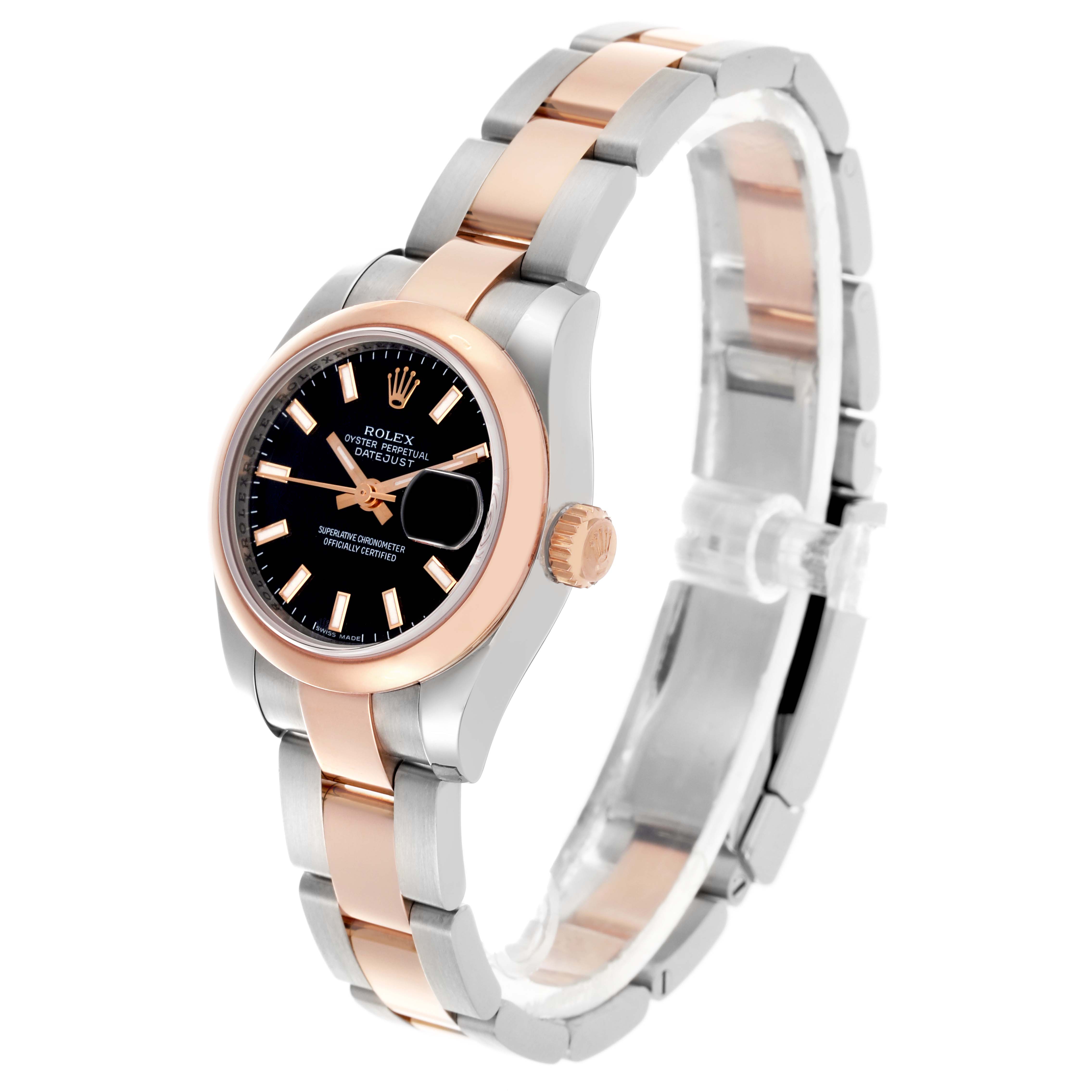 The Rolex Datejust 179161 Women
s Steel and Gold (two tone) Black Dial 179161 Women
s Steel and Gold (two tone) Black Dial watch is shown at an angled side view, displaying the face, bezel, and two-tone bracelet.