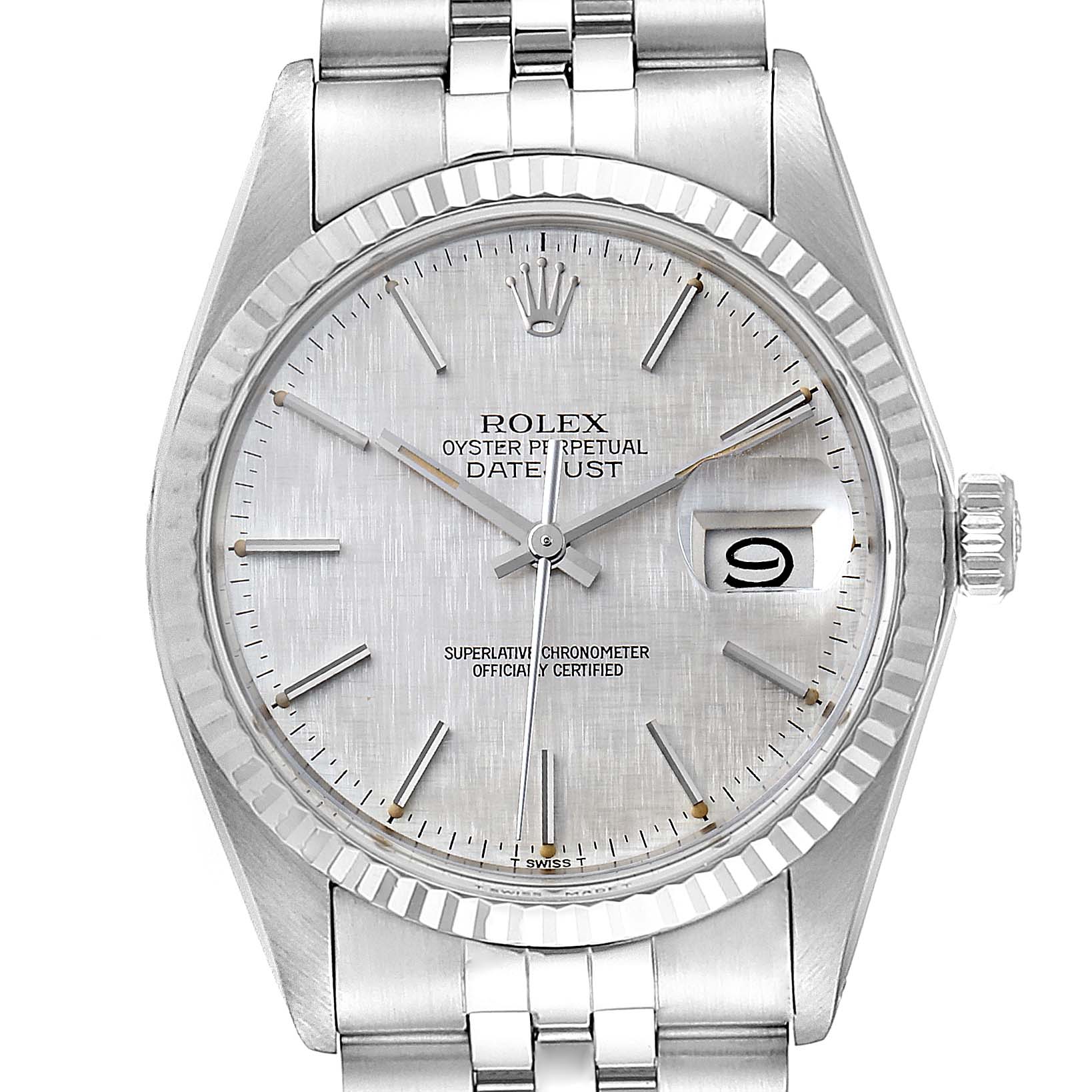 The image shows a Rolex Datejust 16014 Men
s Stainless Steel Silver Dial 16014 Men
s Stainless Steel Silver Dial watch from a top-down angle, highlighting the face, bezel, crown, and part of the bracelet.