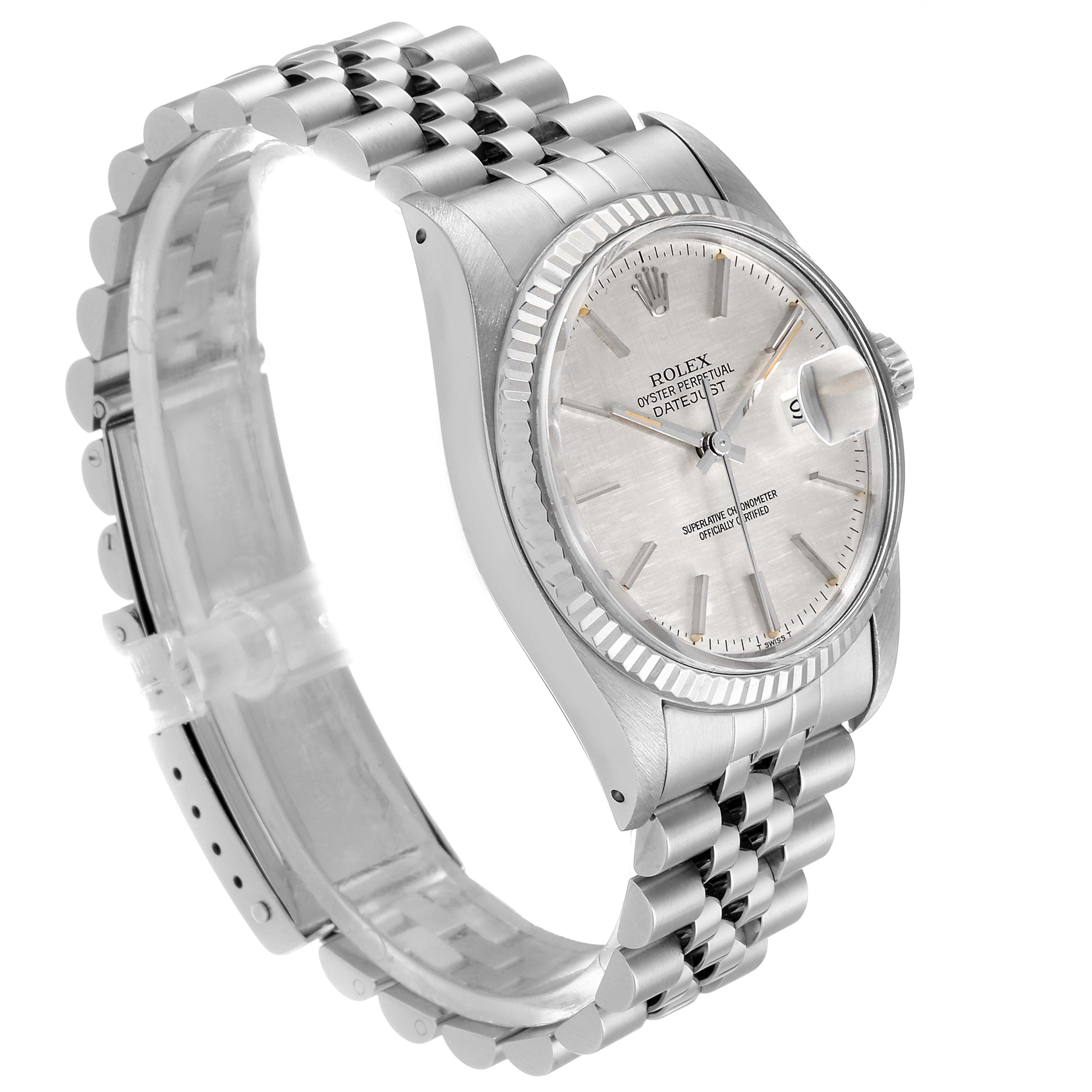 The Rolex Datejust 16014 Men
s Stainless Steel Silver Dial 16014 Men
s Stainless Steel Silver Dial model is shown at a slight angle, highlighting the face, bezel, and bracelet.