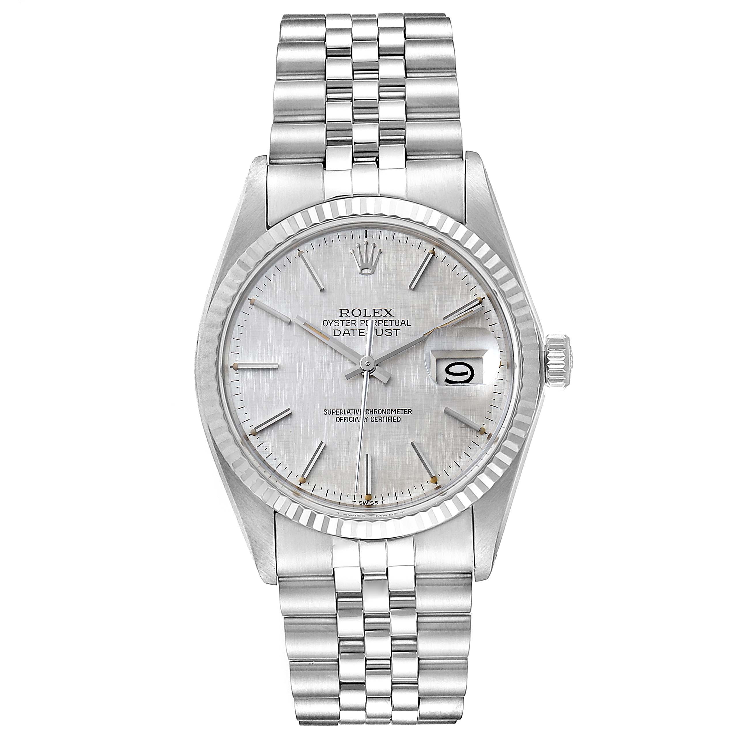 The image shows a front view of a Rolex Datejust 16014 Men
s Stainless Steel Silver Dial 16014 Men
s Stainless Steel Silver Dial model, displaying the dial, date window, and bracelet.