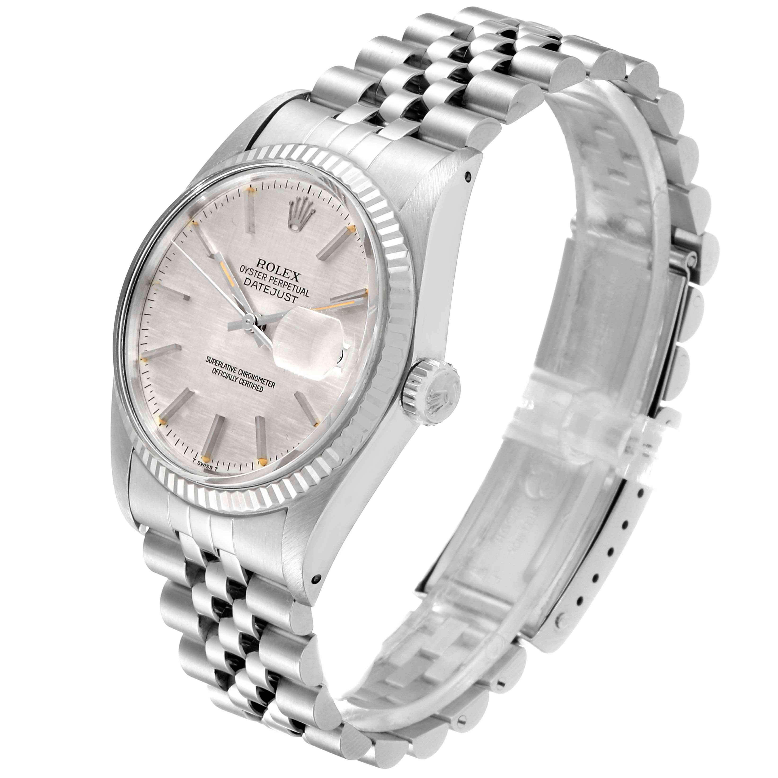 The image shows a Rolex Datejust 16014 Men
s Stainless Steel Silver Dial 16014 Men
s Stainless Steel Silver Dial watch at a side angle highlighting its dial, bezel, crown, and bracelet.