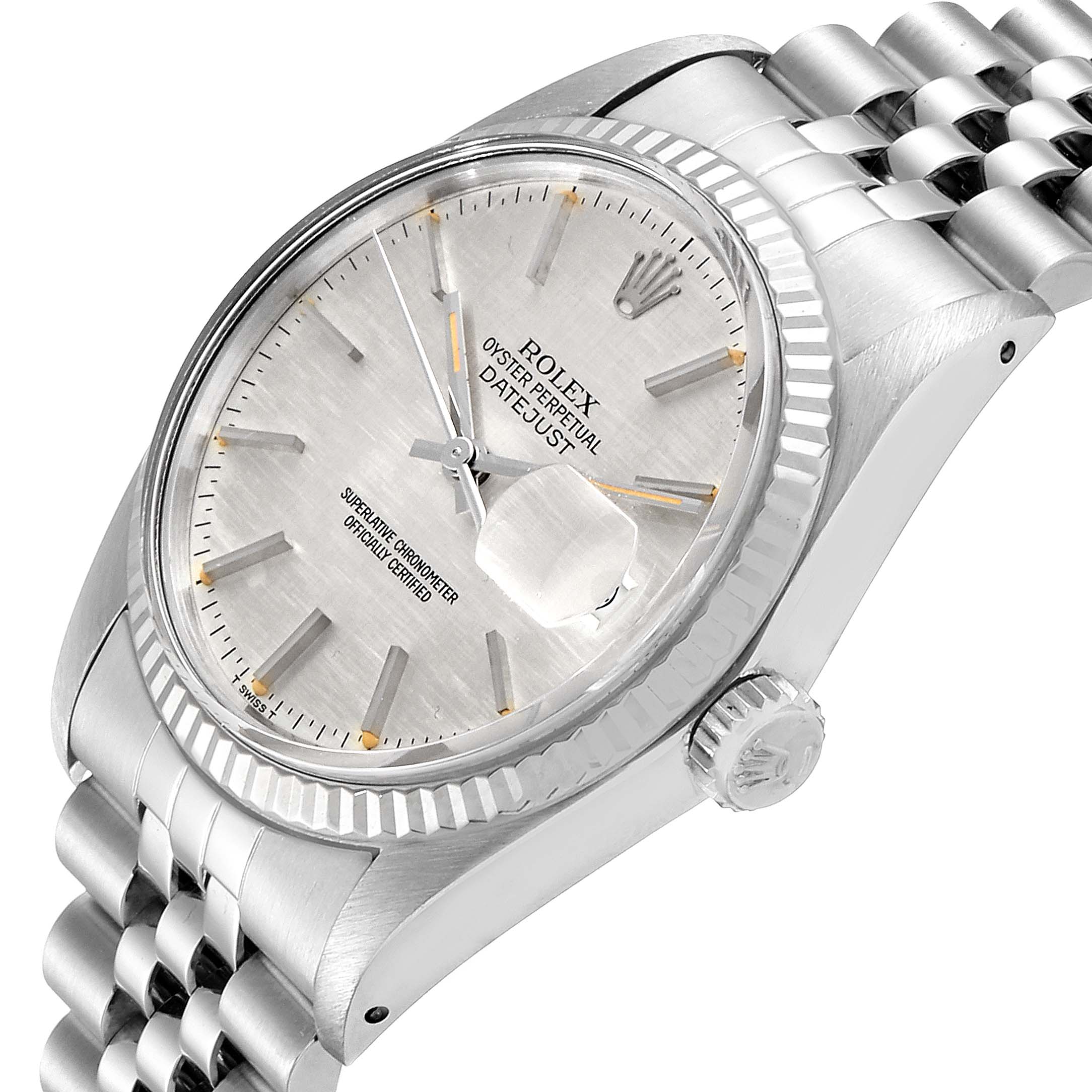 The image shows a side angle of the Rolex Datejust 16014 Men
s Stainless Steel Silver Dial 16014 Men
s Stainless Steel Silver Dial watch, highlighting the dial, bezel, crown, and part of the bracelet.